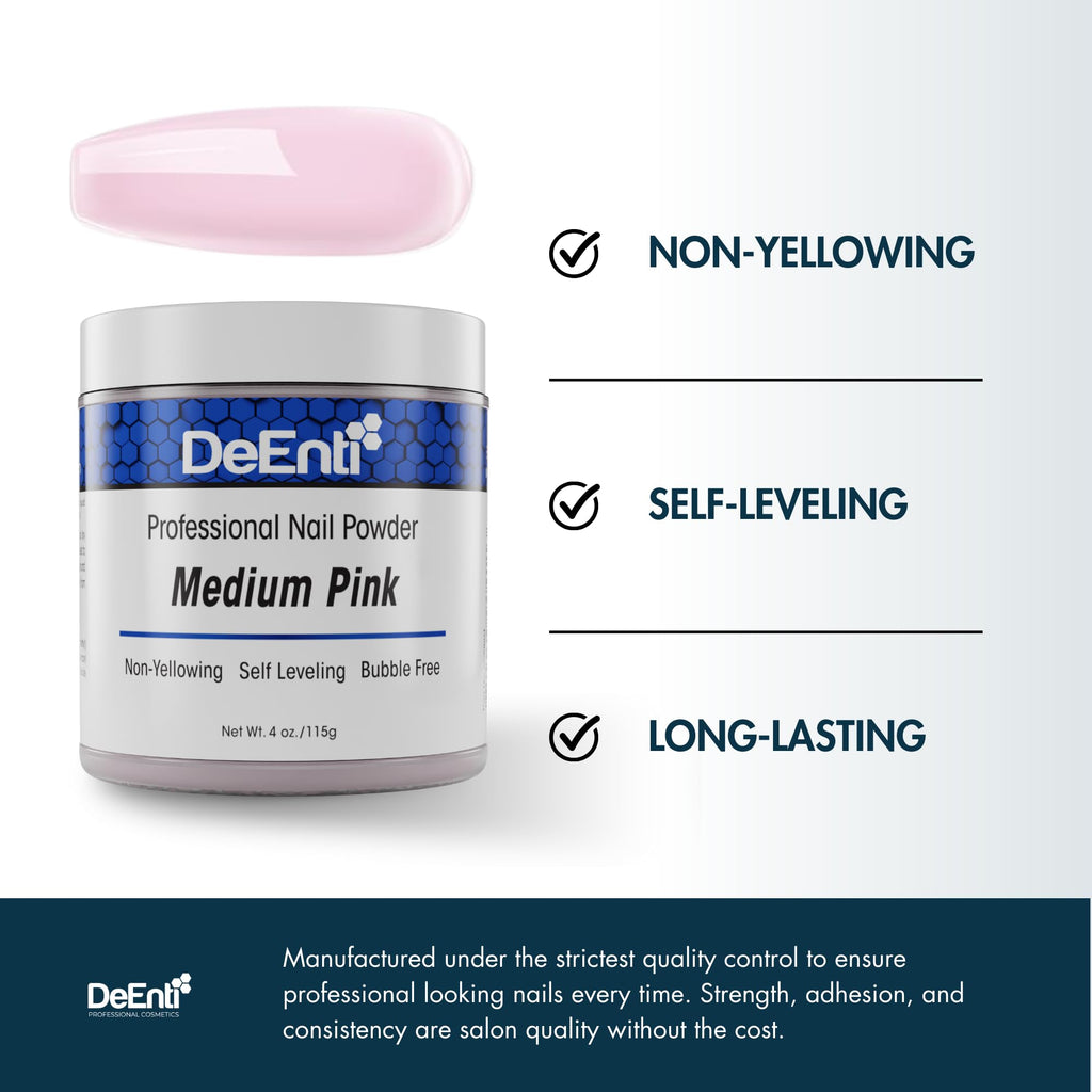 DeEnti Acrylic Nail Powder 4oz Medium Pink | Professional, Bubble-Free & Long-Lasting
