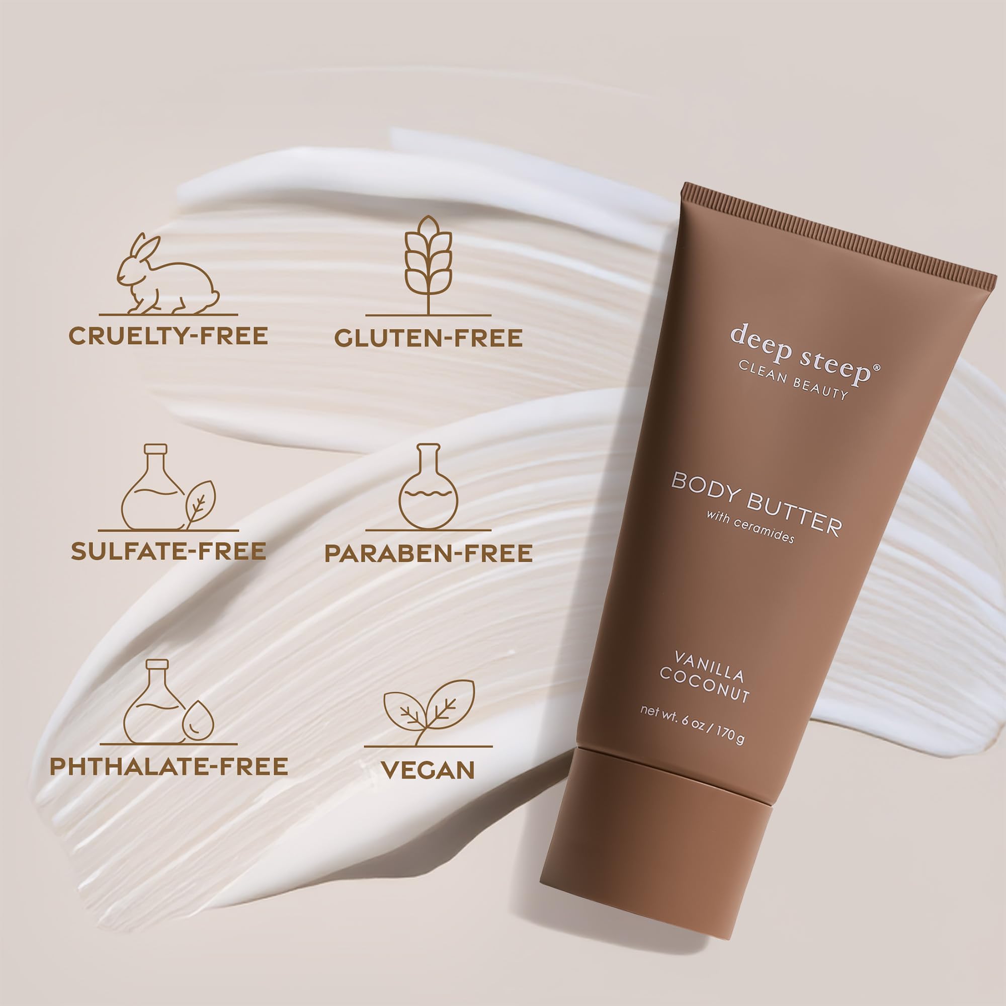 Deep Steep Body Butter Vanilla Coconut – 6 oz Rich Moisturizer with Ceramides, Coconut & Argan Oils, Aloe Vera | Vegan Clean Beauty