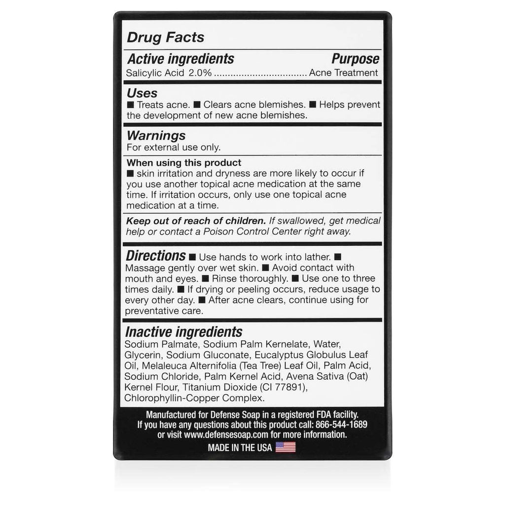 Defense Acne Care Bar Soap 4.2oz (Pack of 5) – 2% Salicylic Acid, Tea Tree & Eucalyptus Oils, Oatmeal