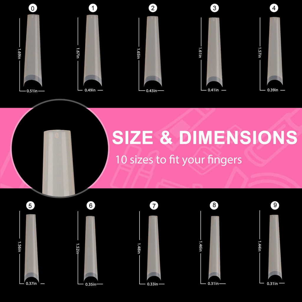 Defuber Tapered Extra Long Nail Tips – 240pcs, 10 Sizes, Natural Ballerina Shape