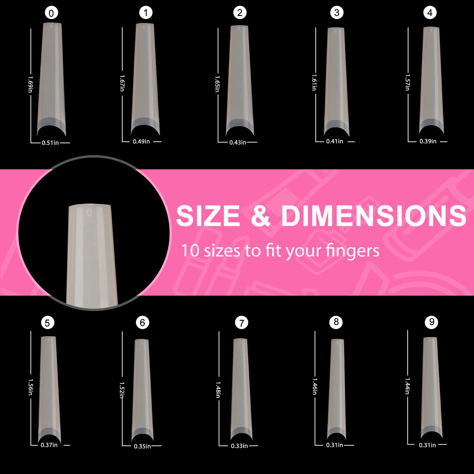 Defuber Tapered Extra Long Nail Tips – 240pcs, 10 Sizes, Natural Ballerina Shape