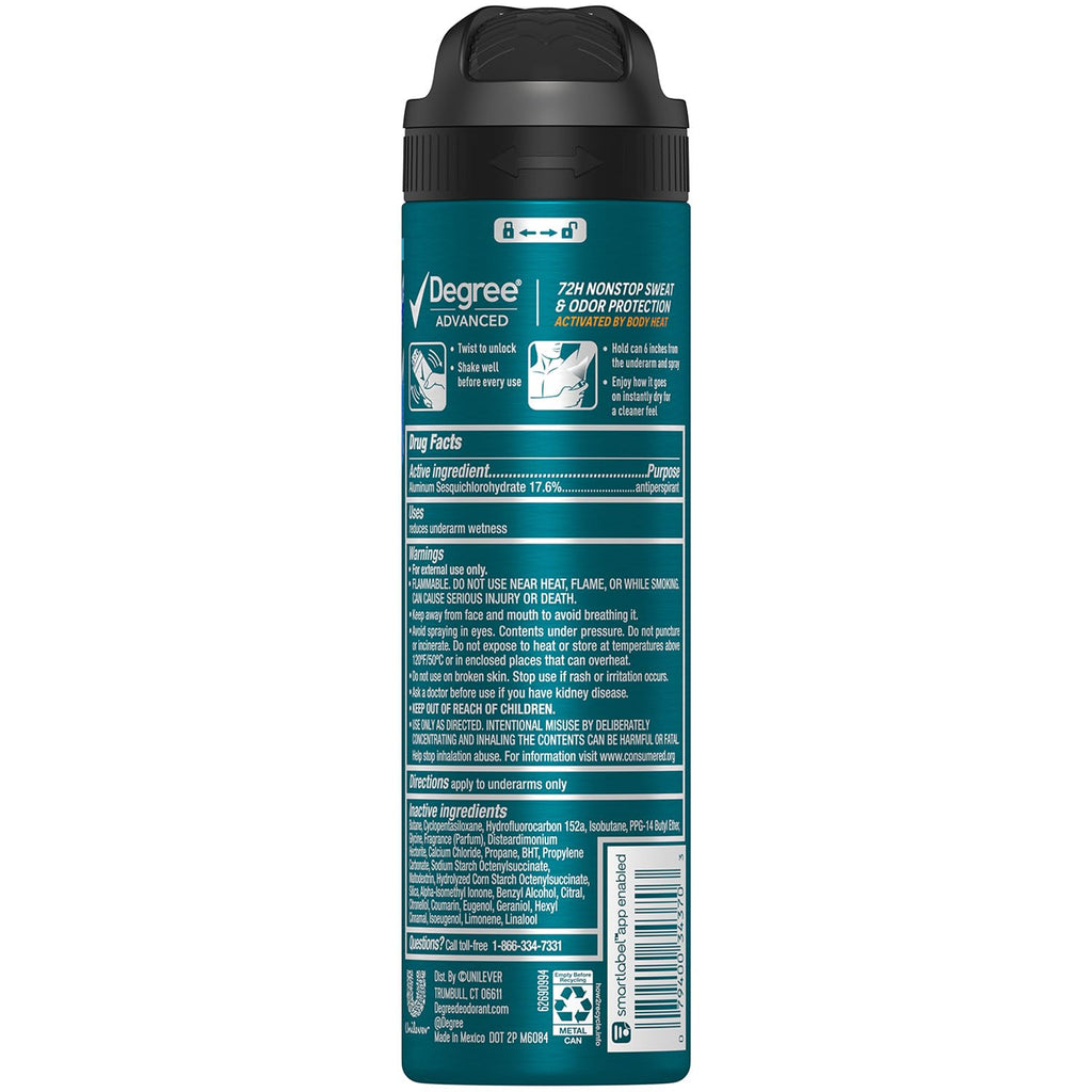 Degree Men's Antiperspirant Deodorant Spray, Cool Rush, 4-Pack – 72H Sweat & Odor Protection