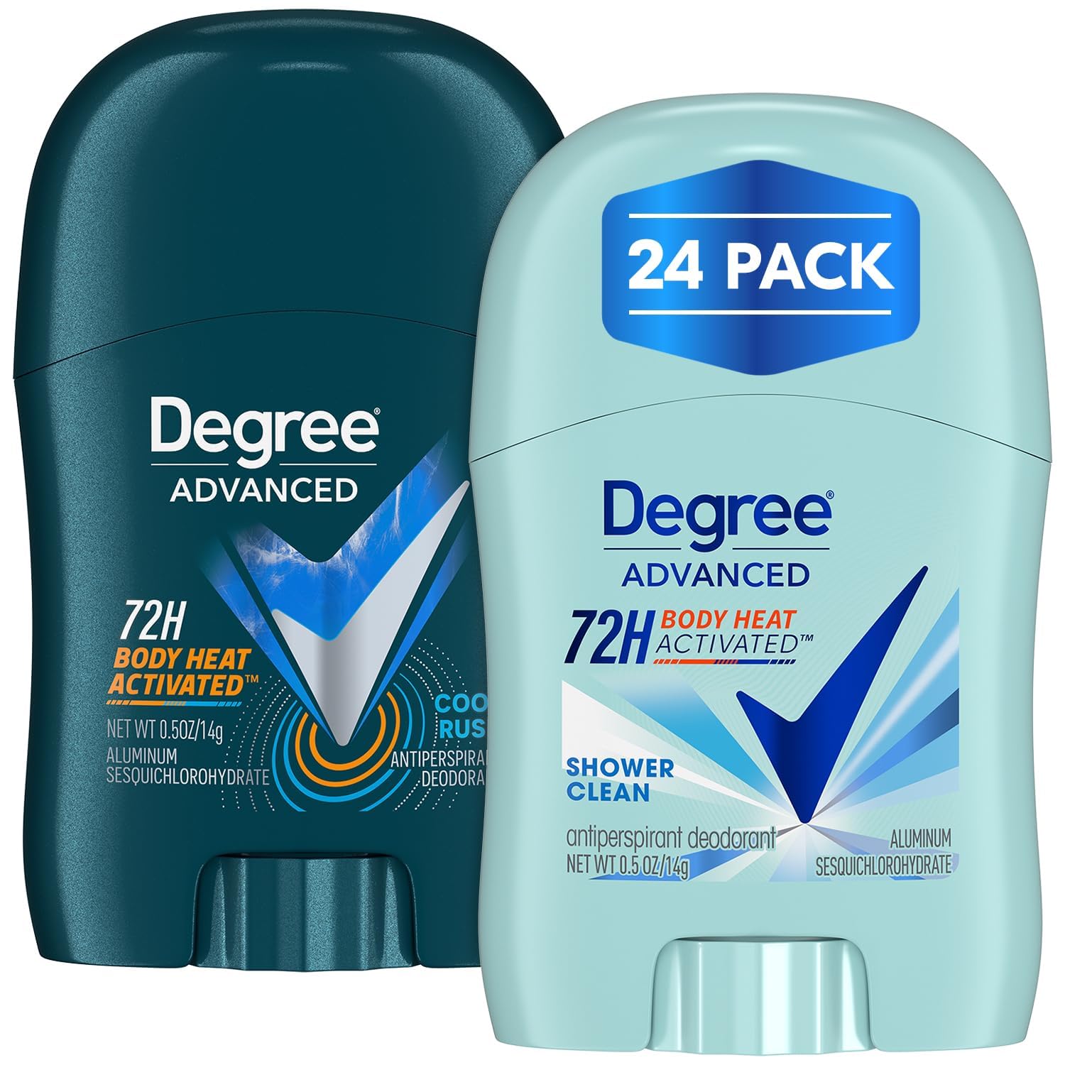 Degree Travel Deodorant Variety 24-Pack – 12 Cool Rush + 12 Shower Clean Mini Sticks, 0.5 oz