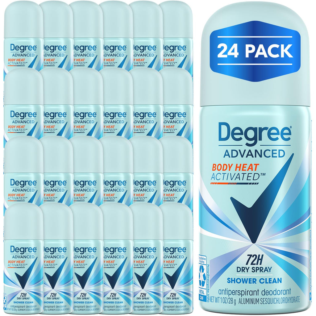 Degree Women Travel Deodorant Antiperspirant Mini Sprays – Body Heat Activated 72H Protection (24-Pack, Shower Clean) | 1 oz