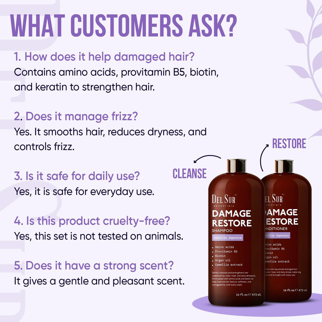 DEL SUR Hair Repair Shampoo & Conditioner Set | 16 fl oz Each | Camellia Japonica, Amino Acids, Biotin & Argan Oil