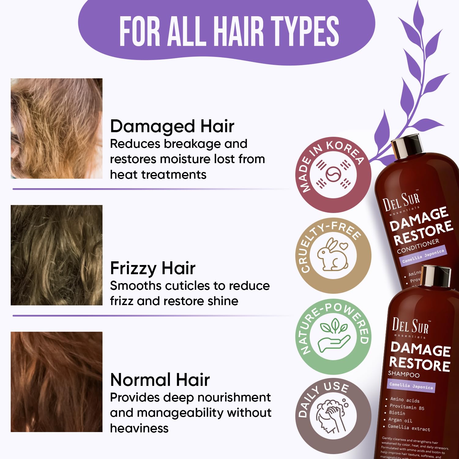 DEL SUR Hair Repair Shampoo & Conditioner Set | 16 fl oz Each | Camellia Japonica, Amino Acids, Biotin & Argan Oil