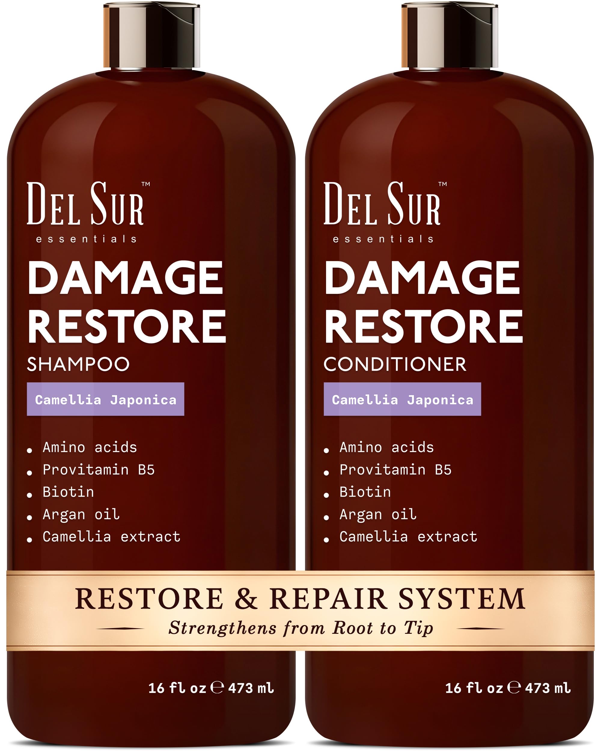 DEL SUR Hair Repair Shampoo & Conditioner Set | 16 fl oz Each | Camellia Japonica, Amino Acids, Biotin & Argan Oil