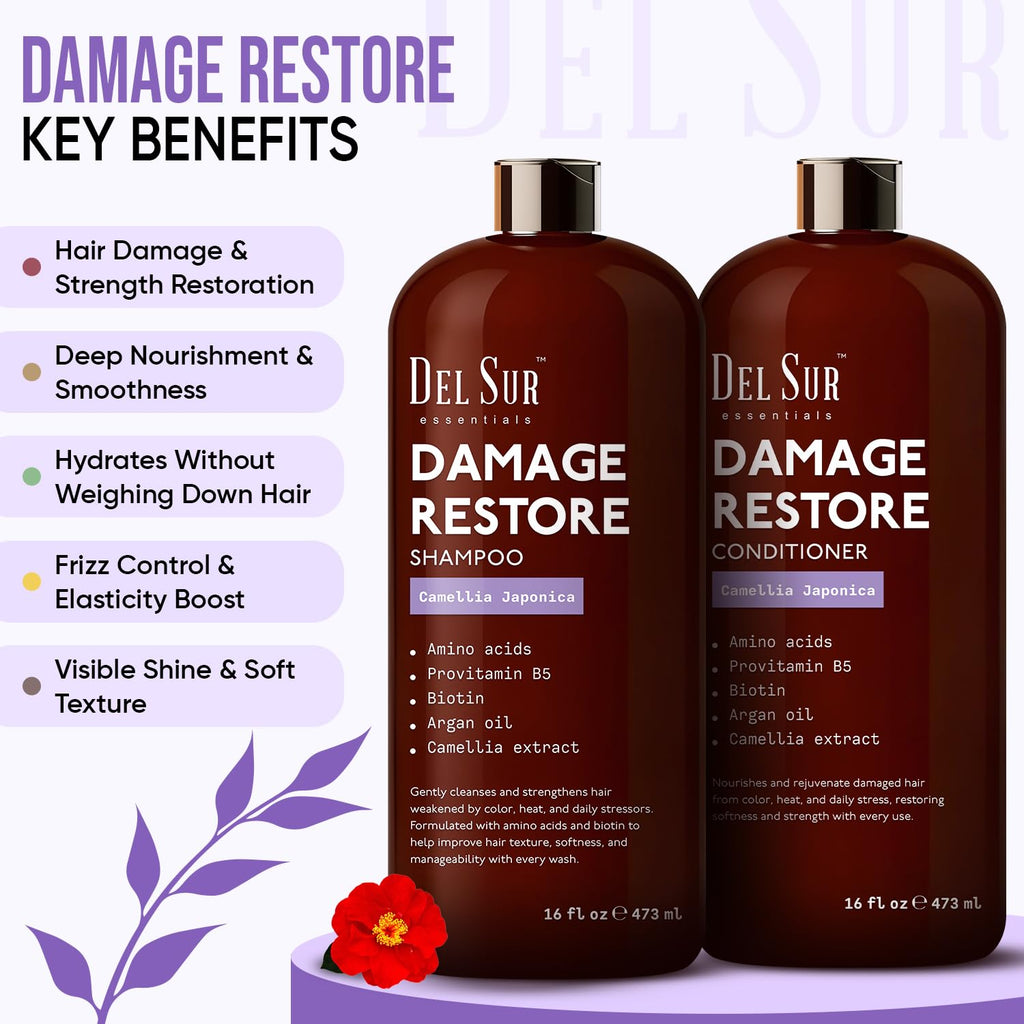 DEL SUR Hair Repair Shampoo & Conditioner Set | 16 fl oz Each | Camellia Japonica, Amino Acids, Biotin & Argan Oil