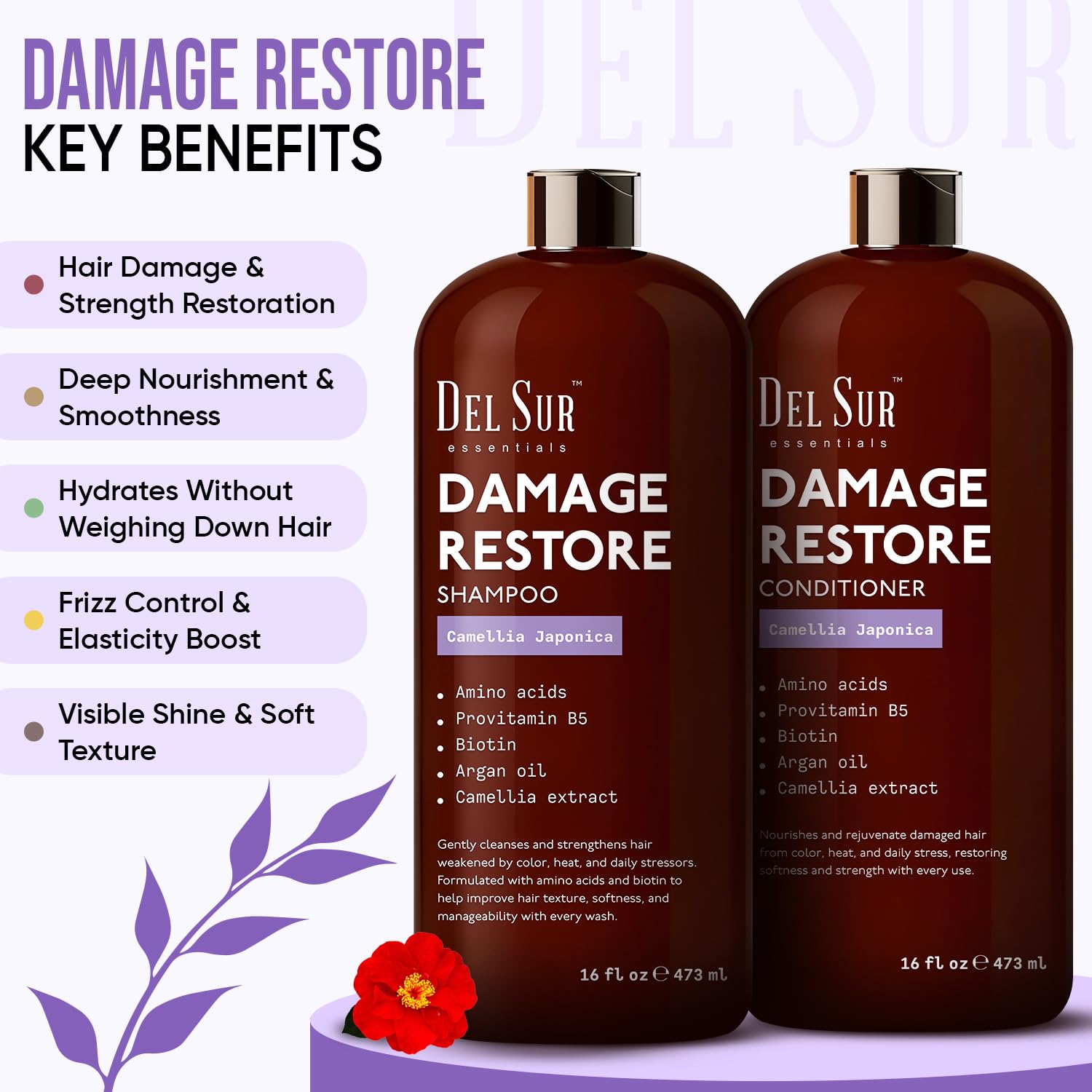 DEL SUR Hair Repair Shampoo & Conditioner Set | 16 fl oz Each | Camellia Japonica, Amino Acids, Biotin & Argan Oil