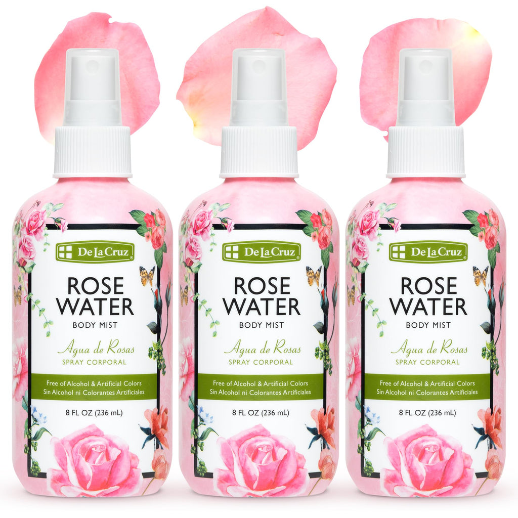 De La Cruz Pure Rose Water Body Mist – Rose Water Spray for Face, Skin & Hair (Alcohol & Paraben Free) 3 x 8 oz