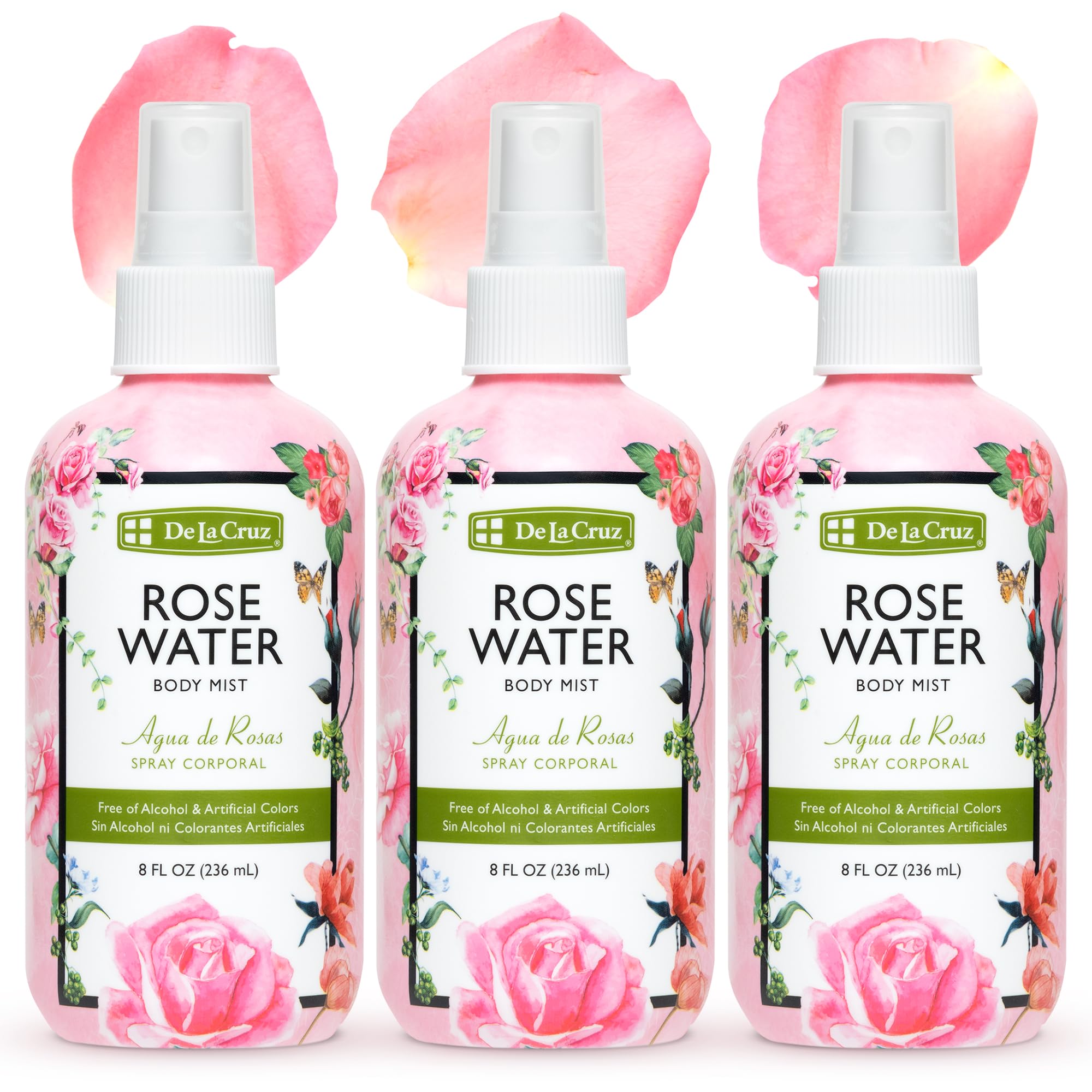 De La Cruz Pure Rose Water Body Mist – Rose Water Spray for Face, Skin & Hair (Alcohol & Paraben Free) 3 x 8 oz