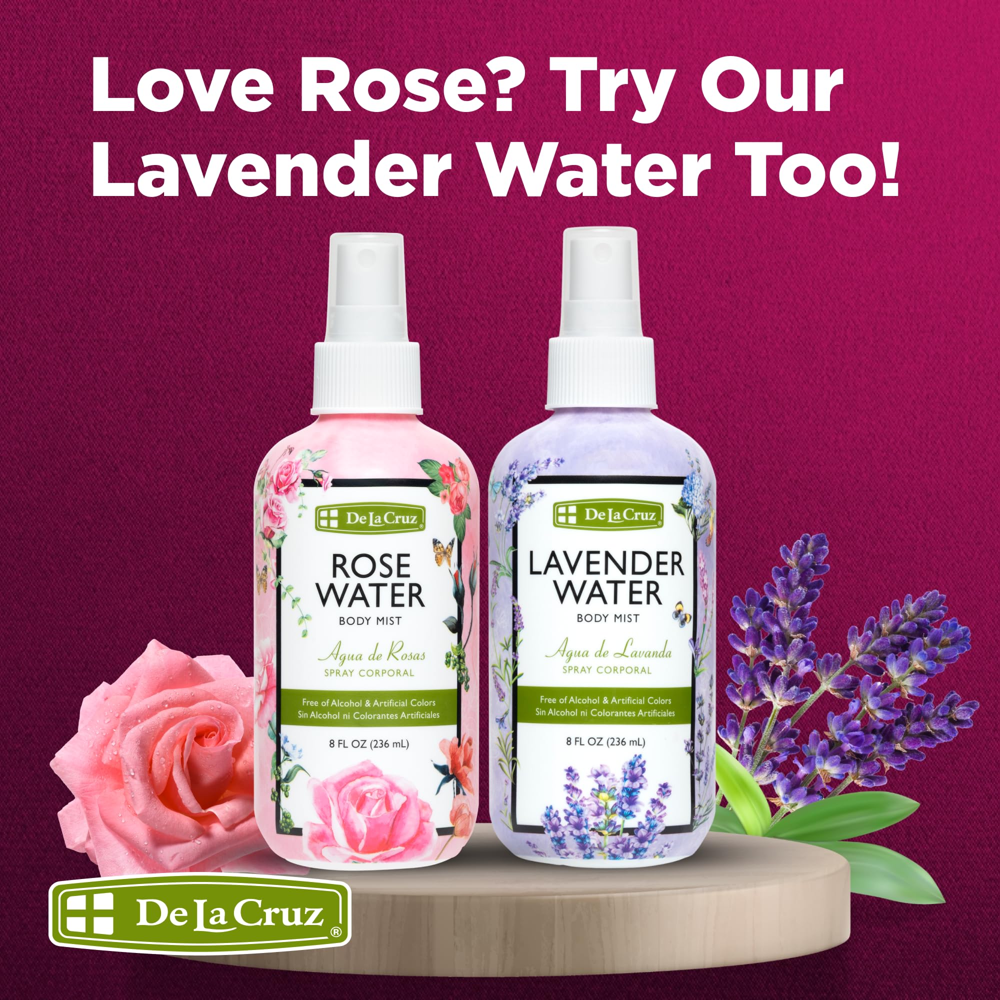 De La Cruz Pure Rose Water Body Mist – Rose Water Spray for Face, Skin & Hair (Alcohol & Paraben Free) 3 x 8 oz