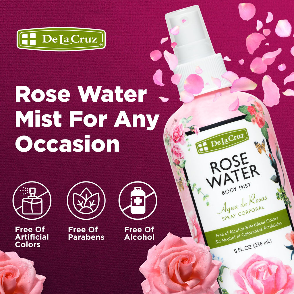 De La Cruz Pure Rose Water Body Mist – Rose Water Spray for Face, Skin & Hair (Alcohol & Paraben Free) 3 x 8 oz