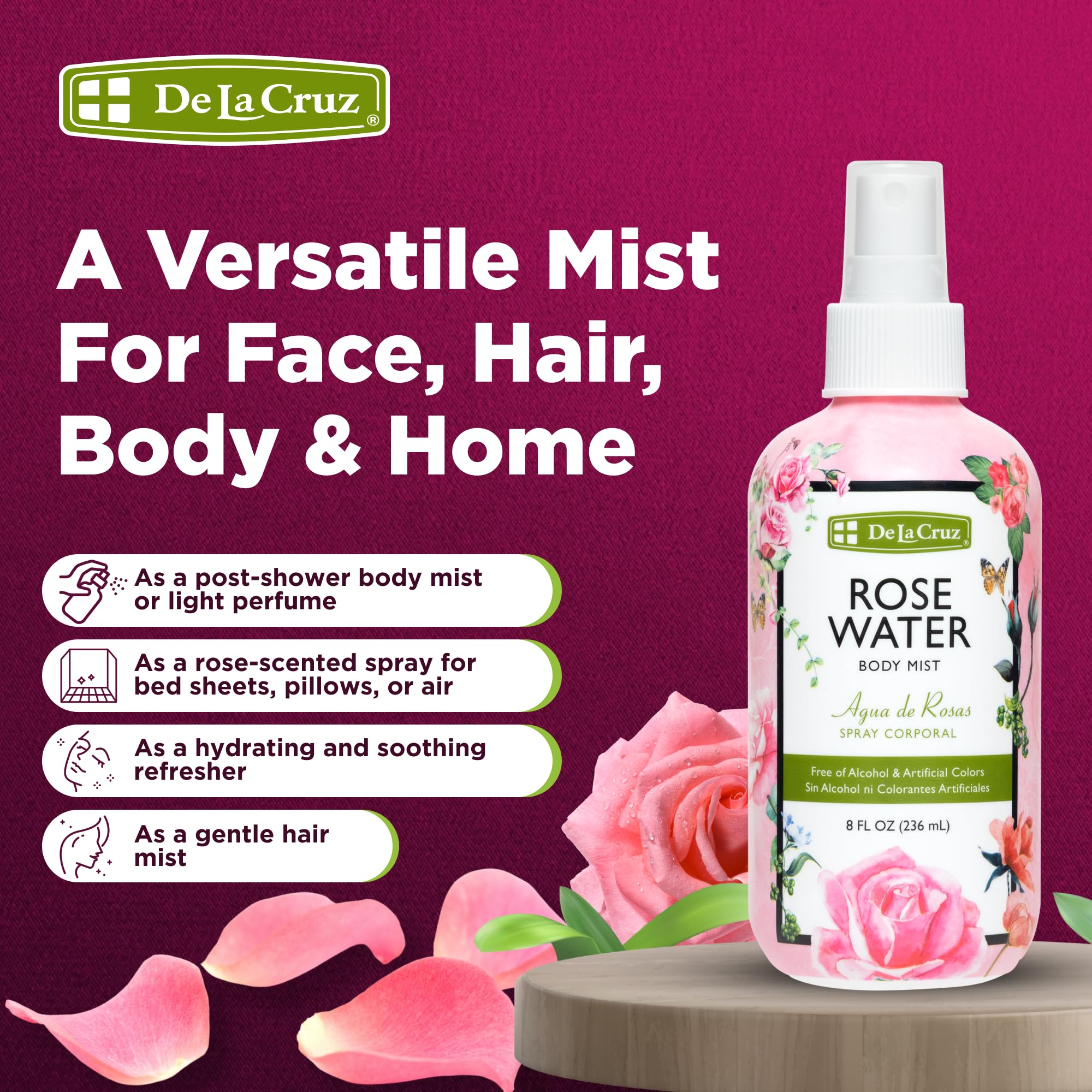 De La Cruz Pure Rose Water Body Mist – Rose Water Spray for Face, Skin & Hair (Alcohol & Paraben Free) 3 x 8 oz