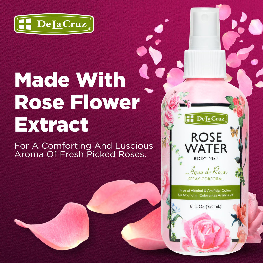 De La Cruz Pure Rose Water Body Mist – Rose Water Spray for Face, Skin & Hair (Alcohol & Paraben Free) 3 x 8 oz