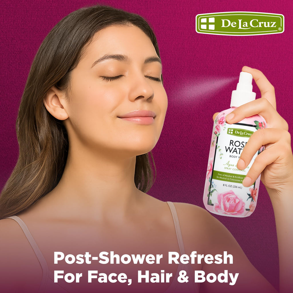 De La Cruz Pure Rose Water Body Mist – Rose Water Spray for Face, Skin & Hair (Alcohol & Paraben Free) 3 x 8 oz