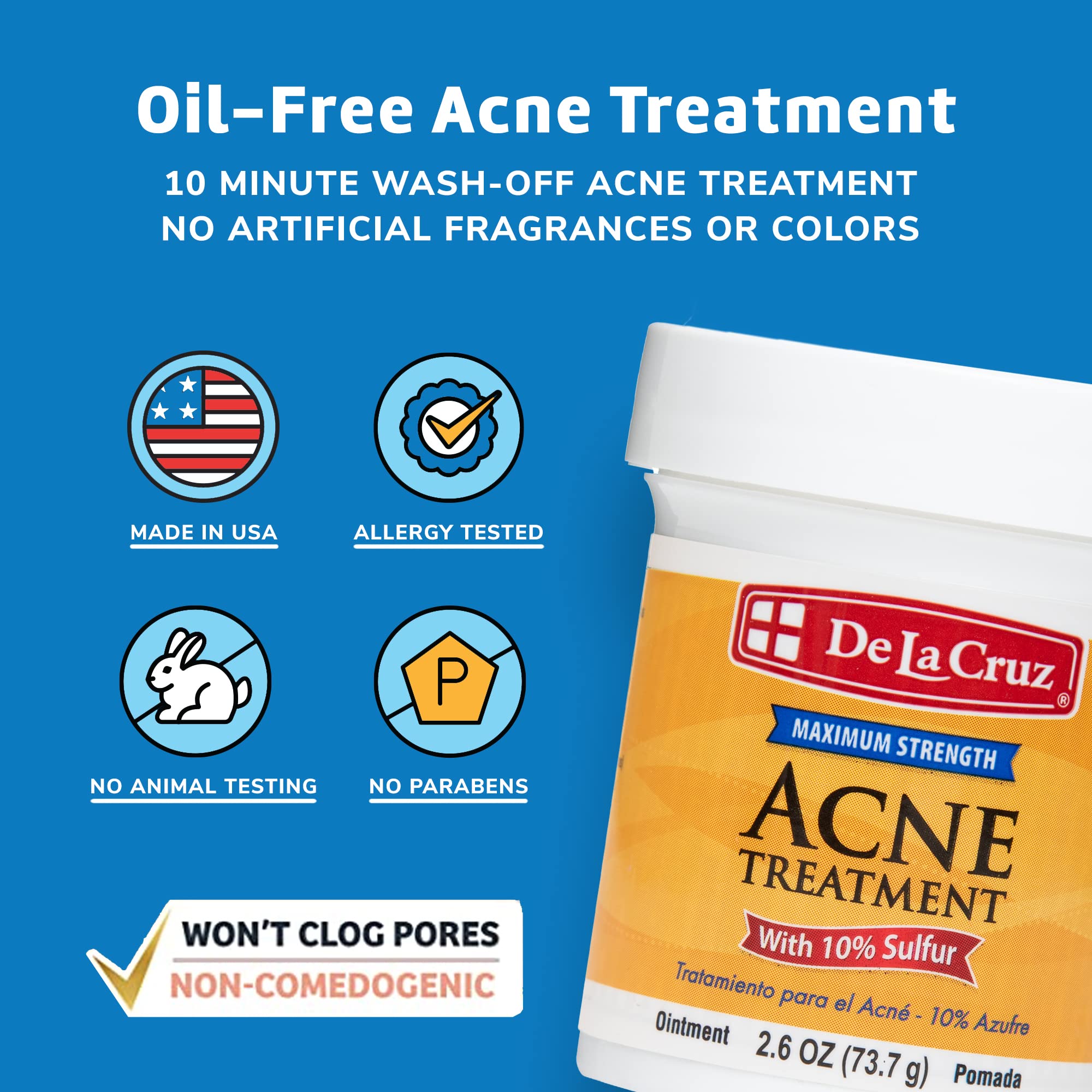 De La Cruz 10% Sulfur Ointment – Acne Spot Treatment for Face & Body, 2 x 2.6 oz