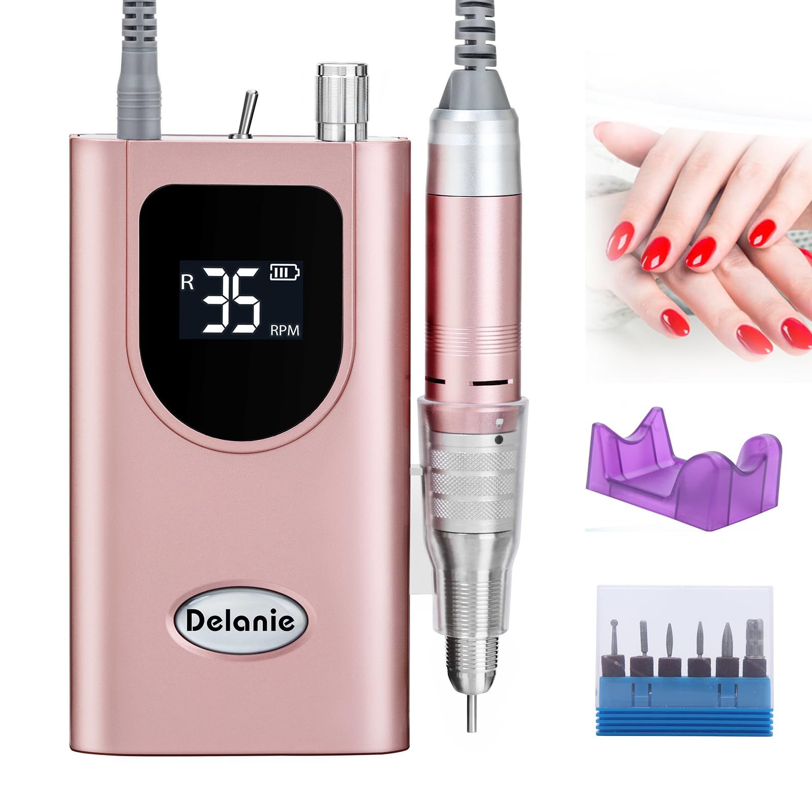 Delanie Electric Nail Drill – 35000 RPM Portable E-File for Nail Tech, Rose Gold
