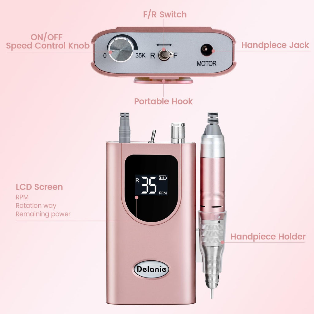 Delanie Electric Nail Drill – 35000 RPM Portable E-File for Nail Tech, Rose Gold