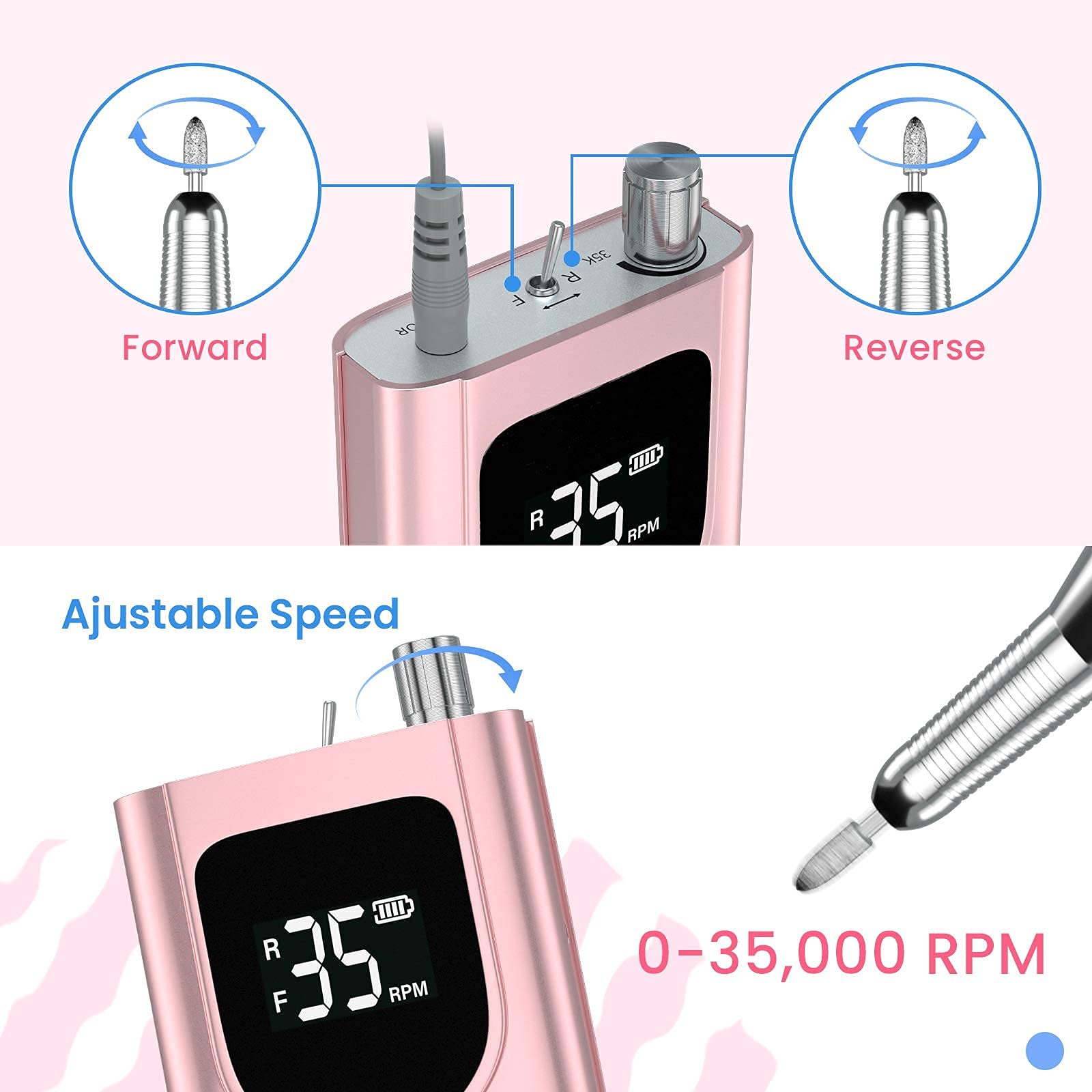Delanie Electric Nail Drill – 35000 RPM Portable E-File for Nail Tech, Rose Gold