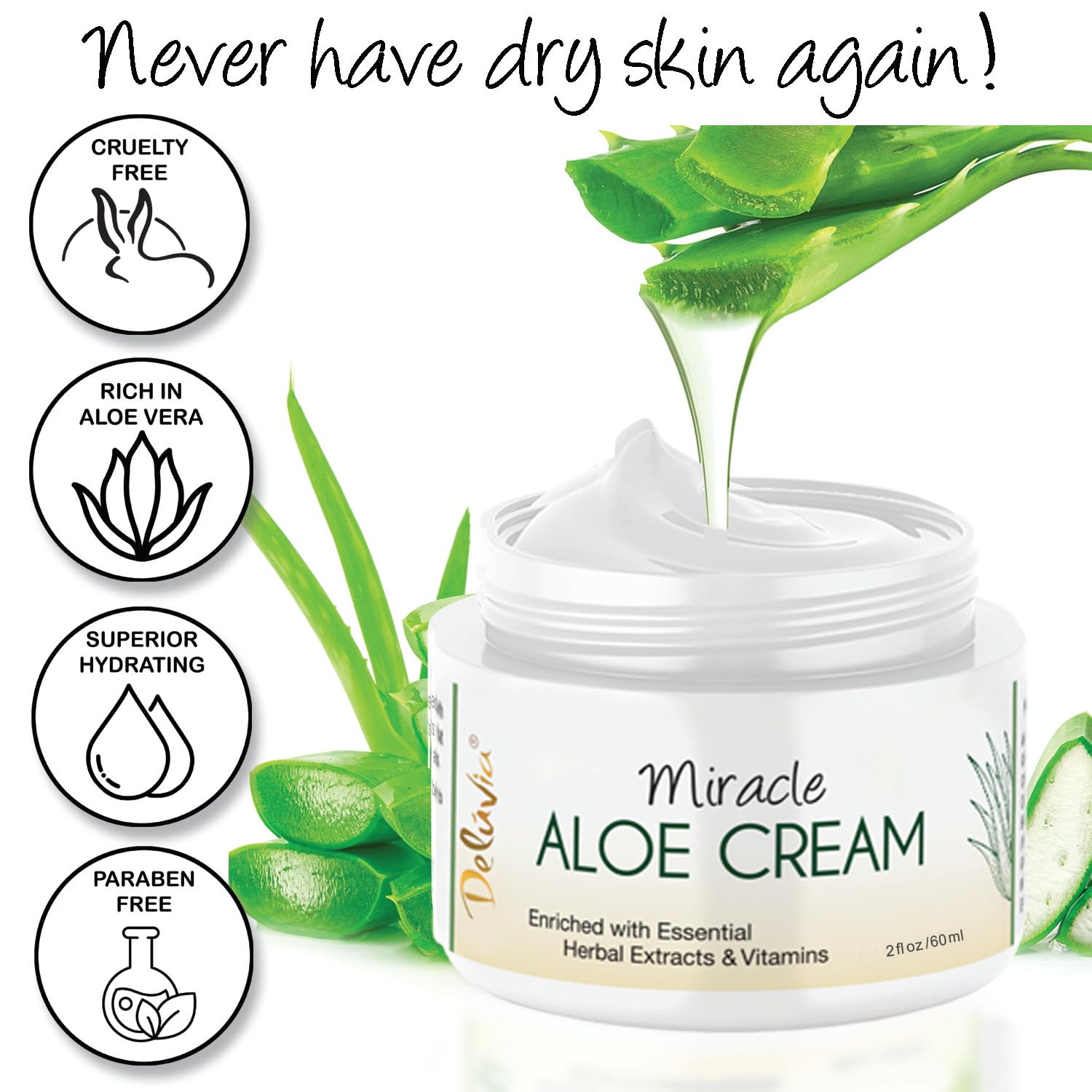DELÚVIA Miracle Aloe Cream | Face & Body Moisturizer with Vitamin E & Organic Aloe Vera | 2 oz Travel Size