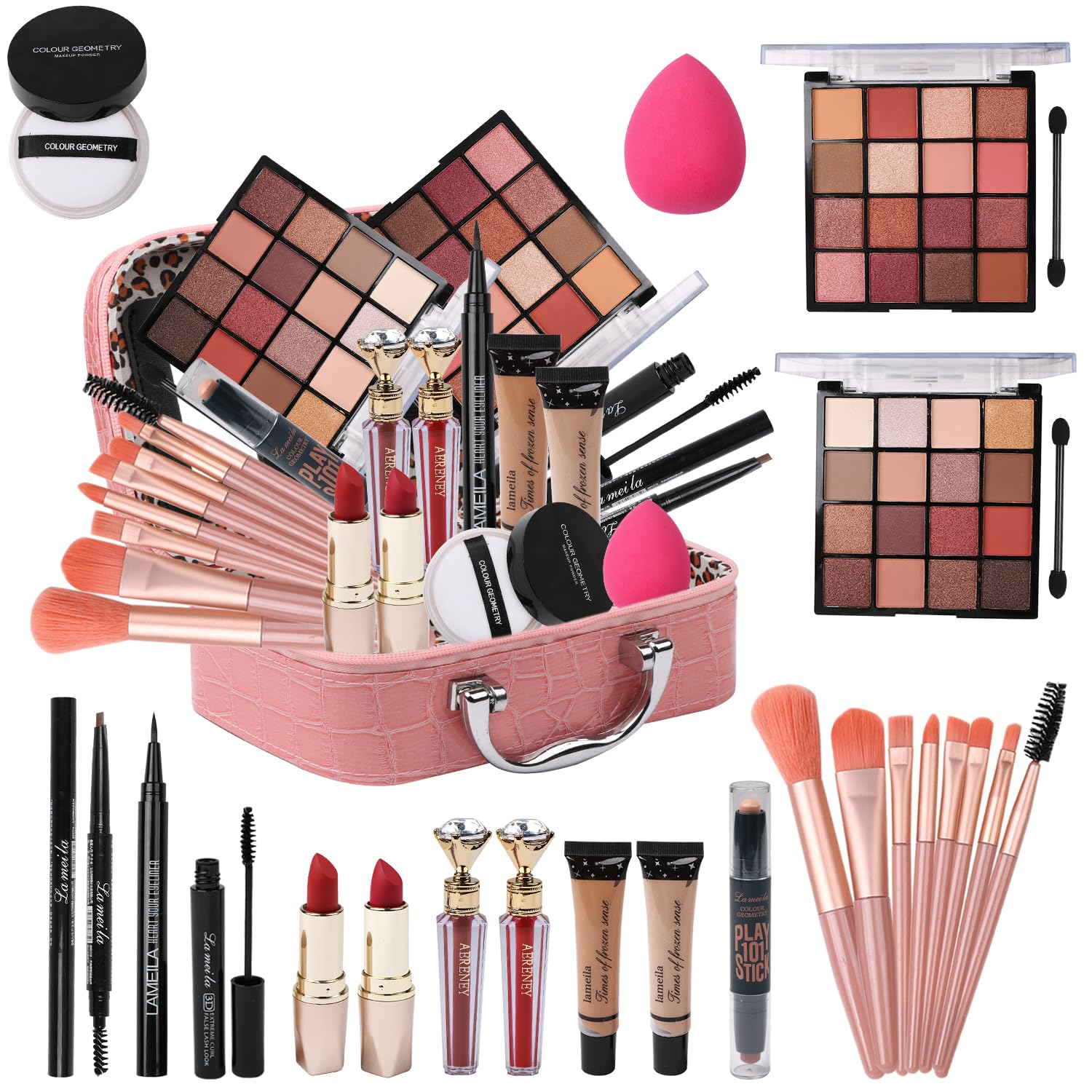 Delymol All-in-One Teen Makeup Kit – Pink, 2x16 Eyeshadows, Foundation, Liner, Contour, Lip Gloss & 8 Brushes