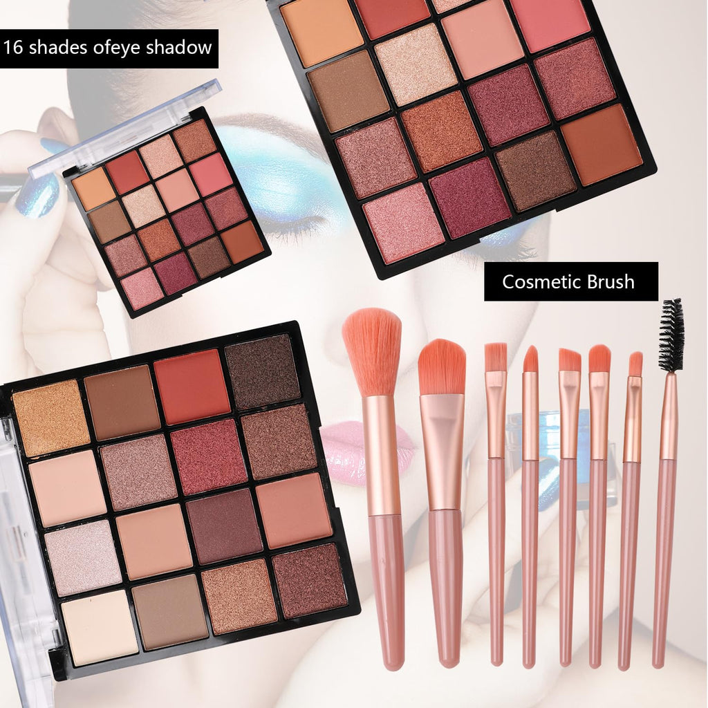 Delymol All-in-One Teen Makeup Kit – Pink, 2x16 Eyeshadows, Foundation, Liner, Contour, Lip Gloss & 8 Brushes