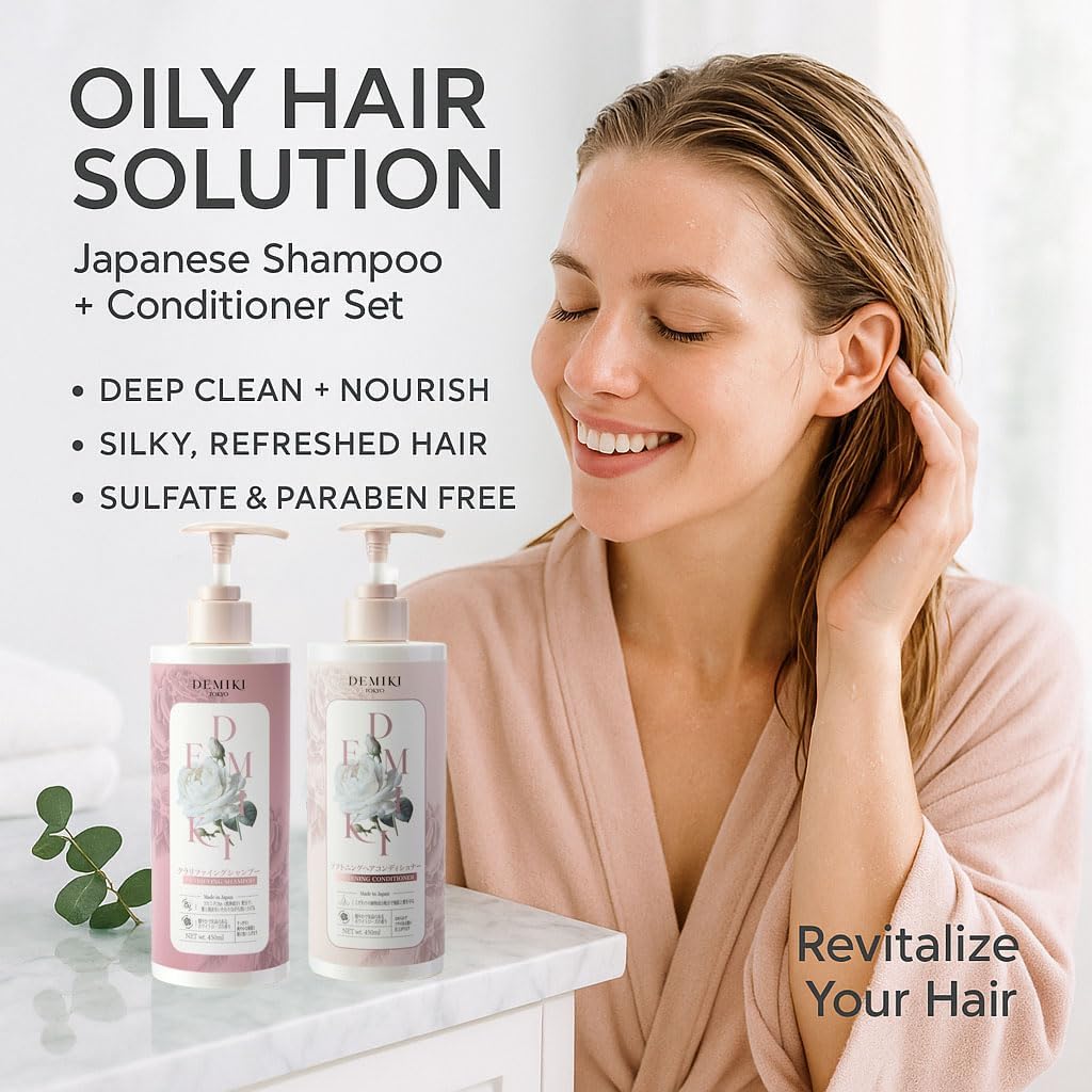 DEMIKI Japanese Shampoo & Conditioner Set for Oily Hair — Rose Scent, Sulfate Free, 32oz