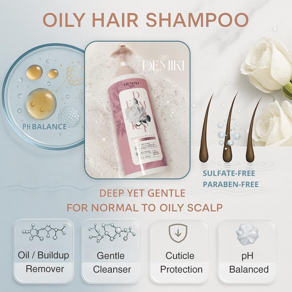 DEMIKI Shampoo for Women | Clarifying, Sulfate-Free Rose-Scented Keratin Care for Oily Hair (450ml)