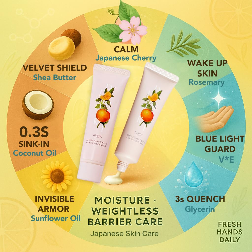 DEMIKI Shea Butter Hand Cream – Hydrating Japanese Skincare for Dry Hands | Citrus & Lemongrass, Travel 50g