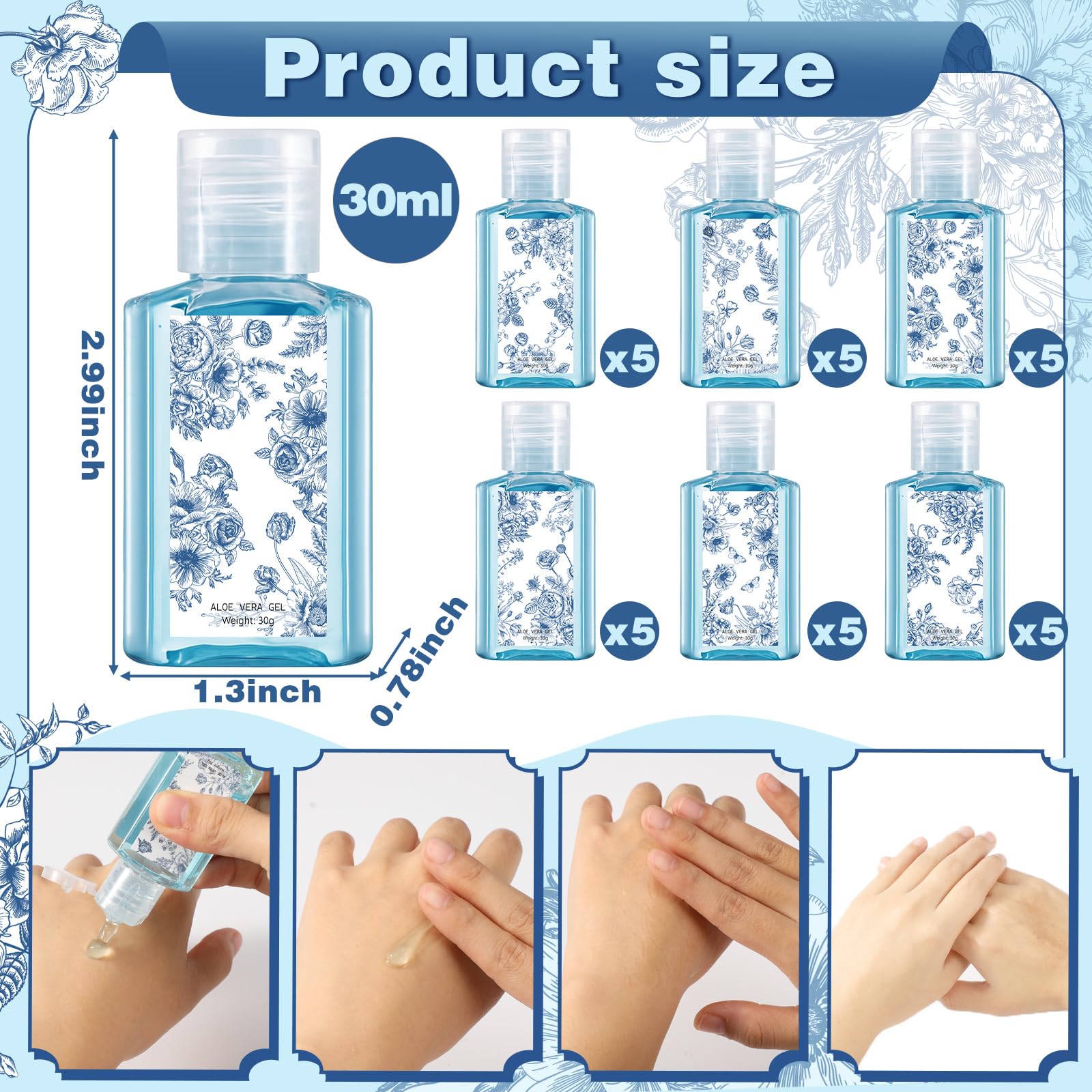 Demissle 30 Pcs Blue and White Flower Mini Aloe Vera Gel Wedding Favors – 1oz Travel Size
