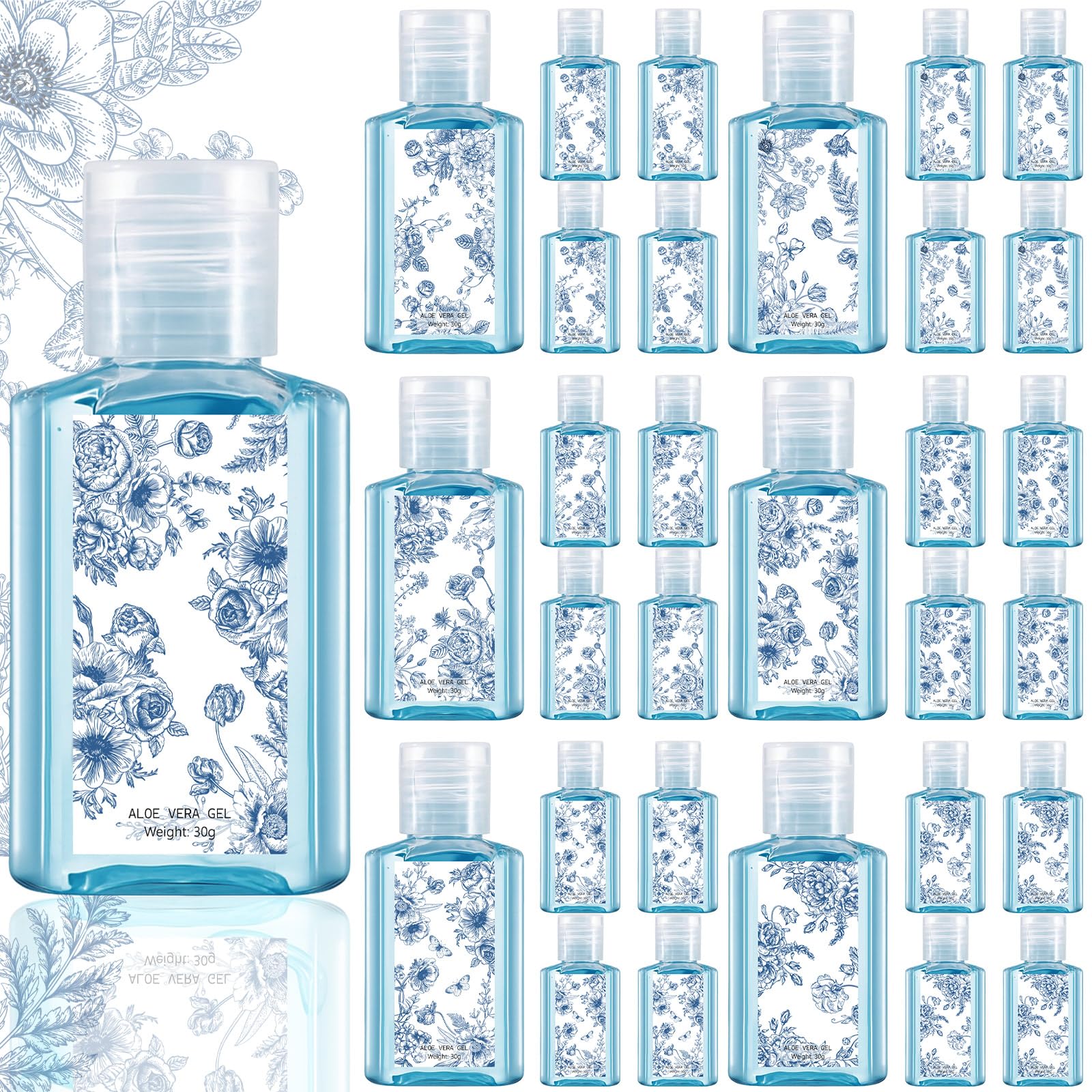 Demissle 30 Pcs Blue and White Flower Mini Aloe Vera Gel Wedding Favors – 1oz Travel Size