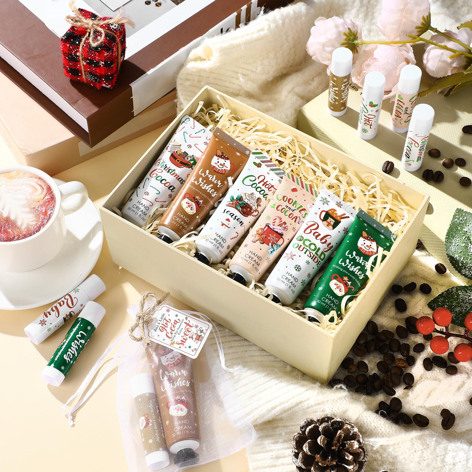 Demissle 48-Piece Christmas Hand Cream & Lip Balm Party Favors | Hot Cocoa Gifts Set