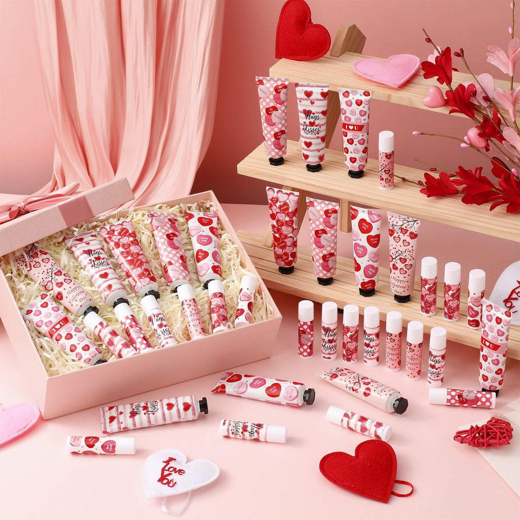 Demissle 24 Sets Valentine's Day Hand Cream & Lip Balm Gift Set – Galentine's Day Party Favors