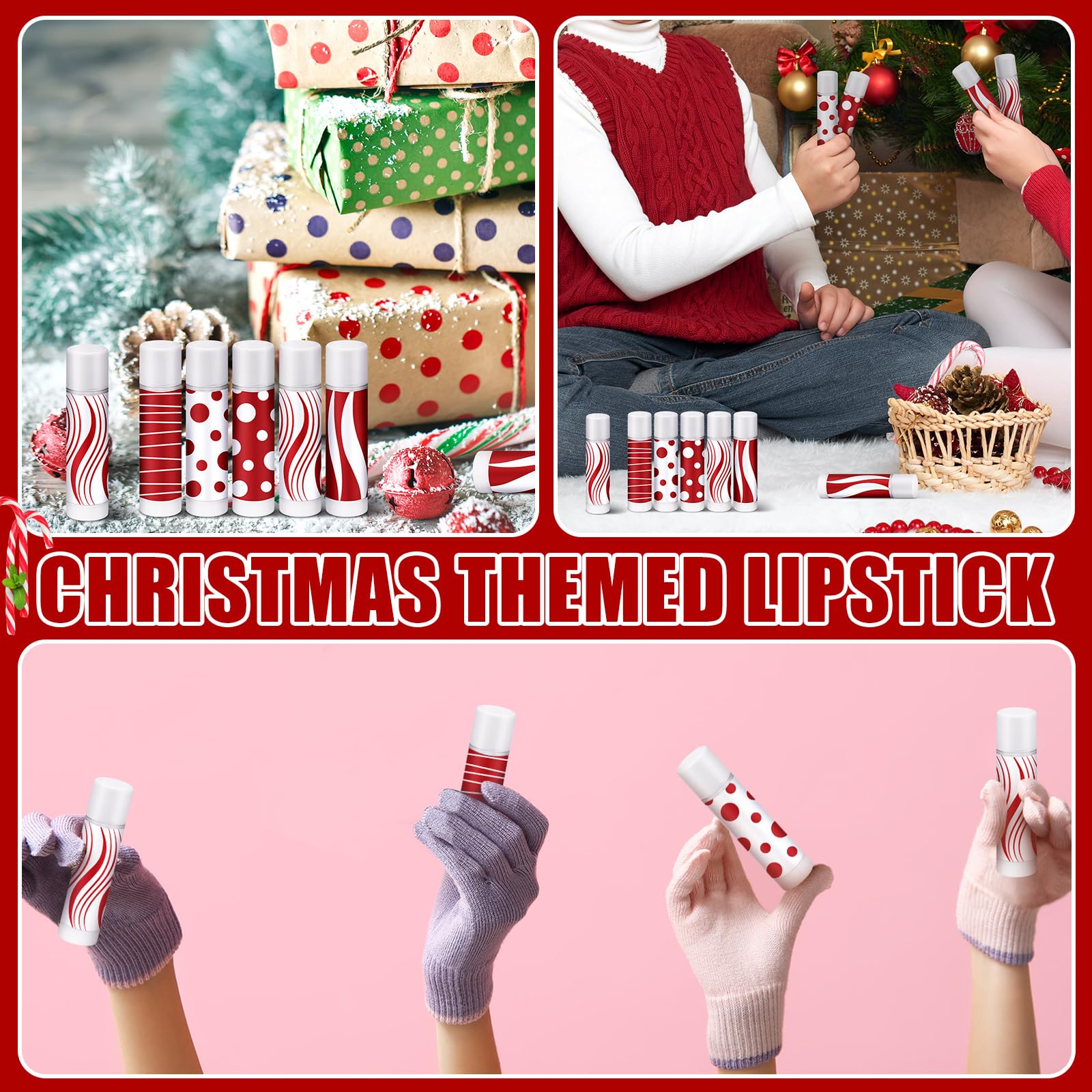 Demissle Christmas Lip Balms 30-Pack — Mint Candy Cane Flavor, Red & White Design