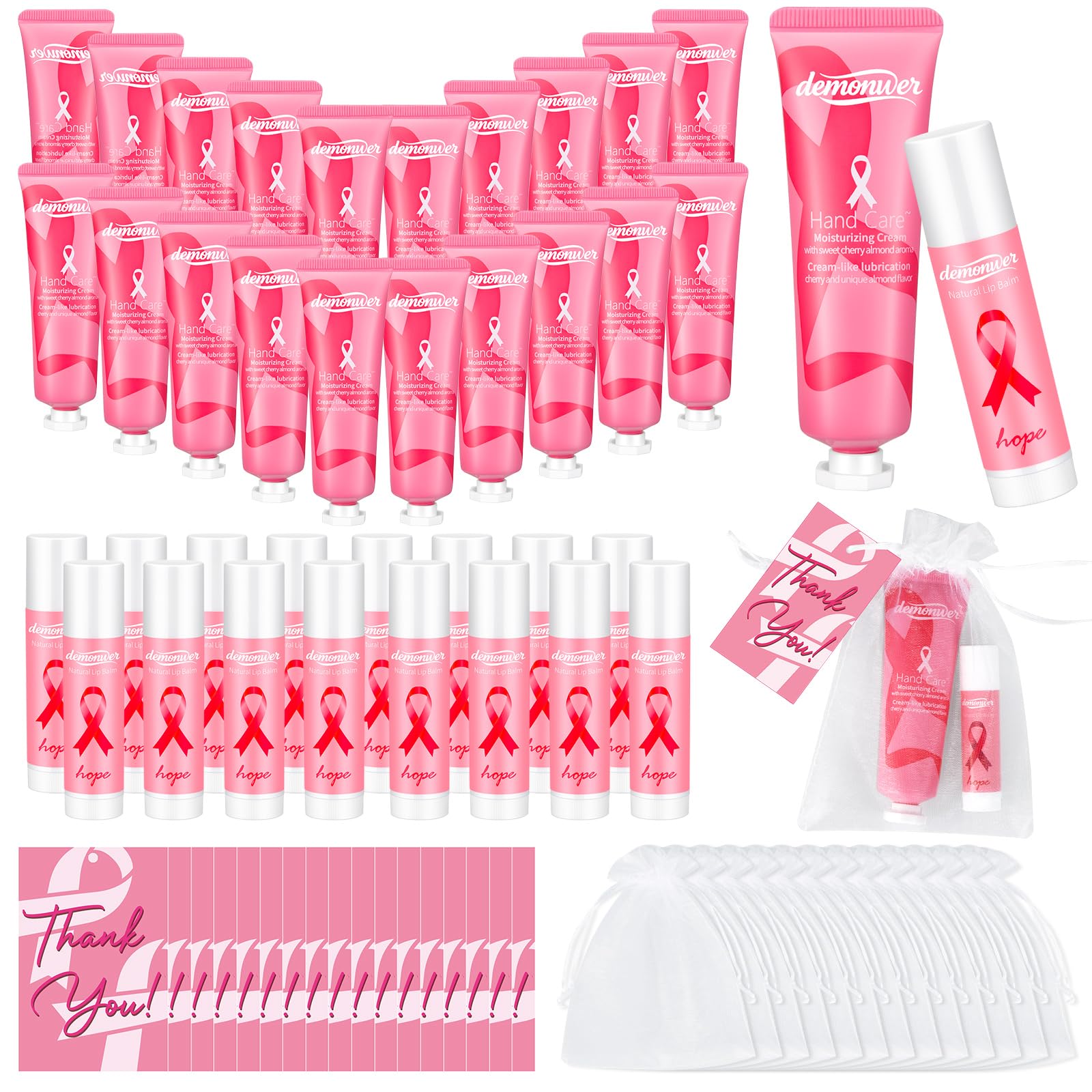Demonwer 20-Set Breast Cancer Awareness Favors – Pink Ribbon Hand Cream & Lip Balm