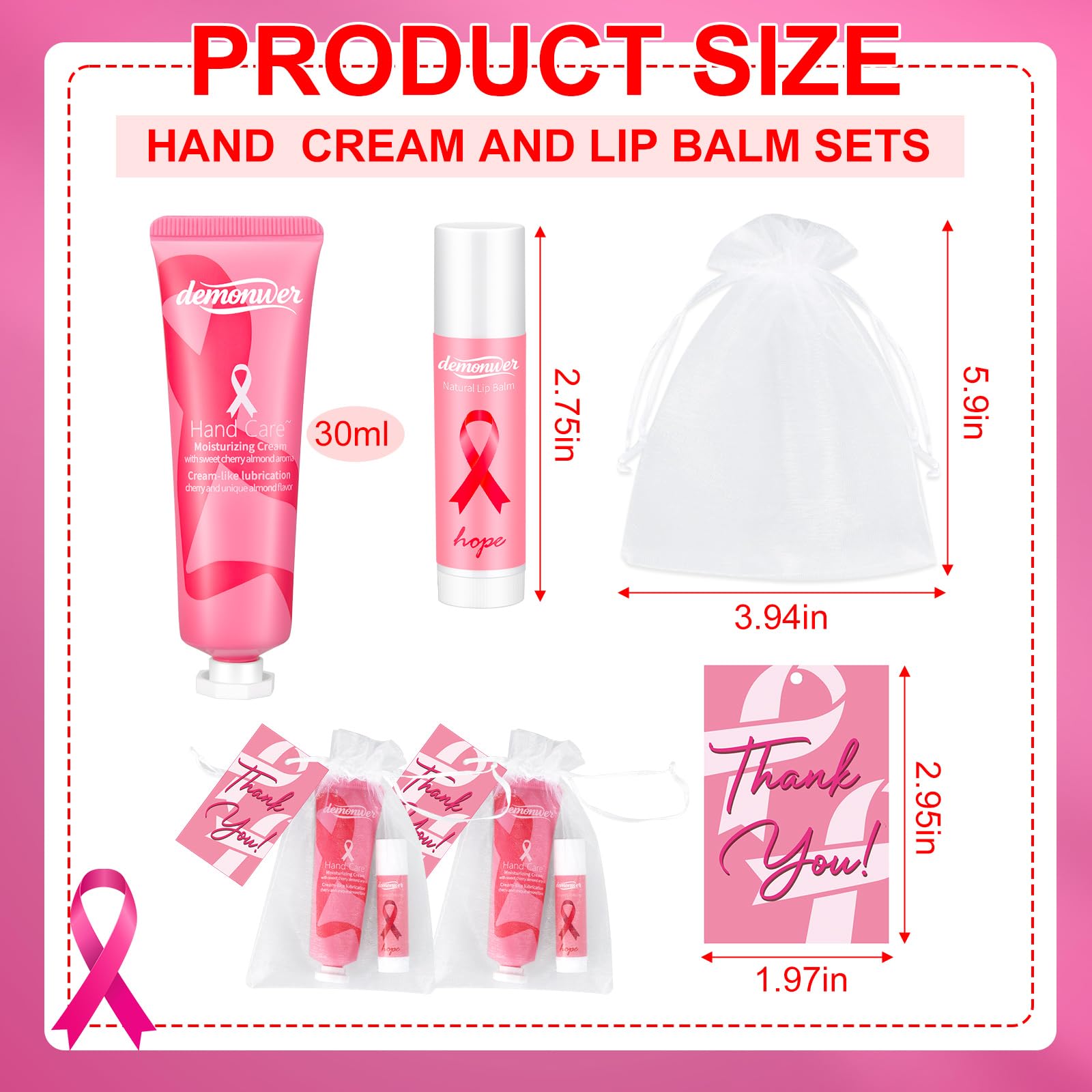 Demonwer 20-Set Breast Cancer Awareness Favors – Pink Ribbon Hand Cream & Lip Balm