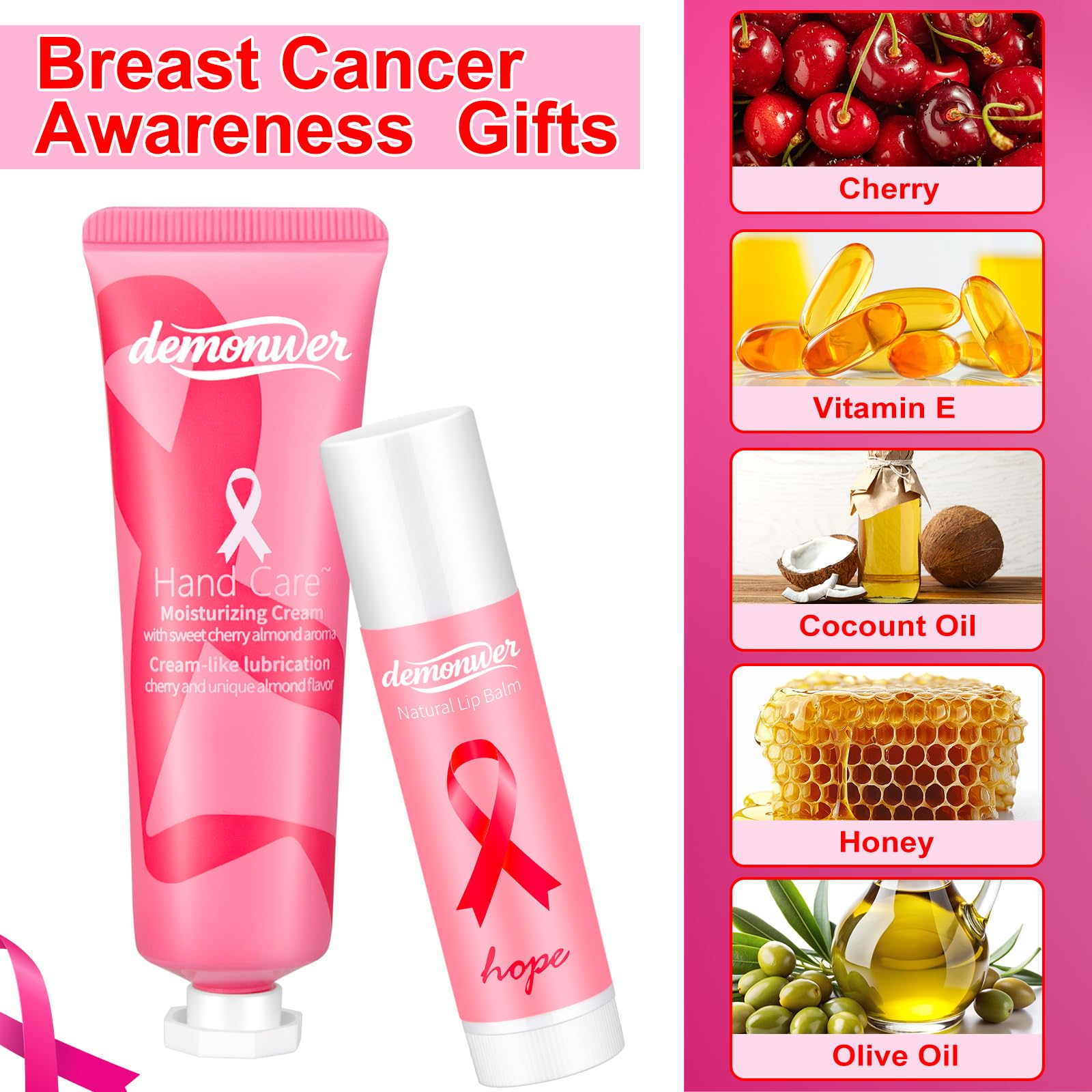 Demonwer 20-Set Breast Cancer Awareness Favors – Pink Ribbon Hand Cream & Lip Balm