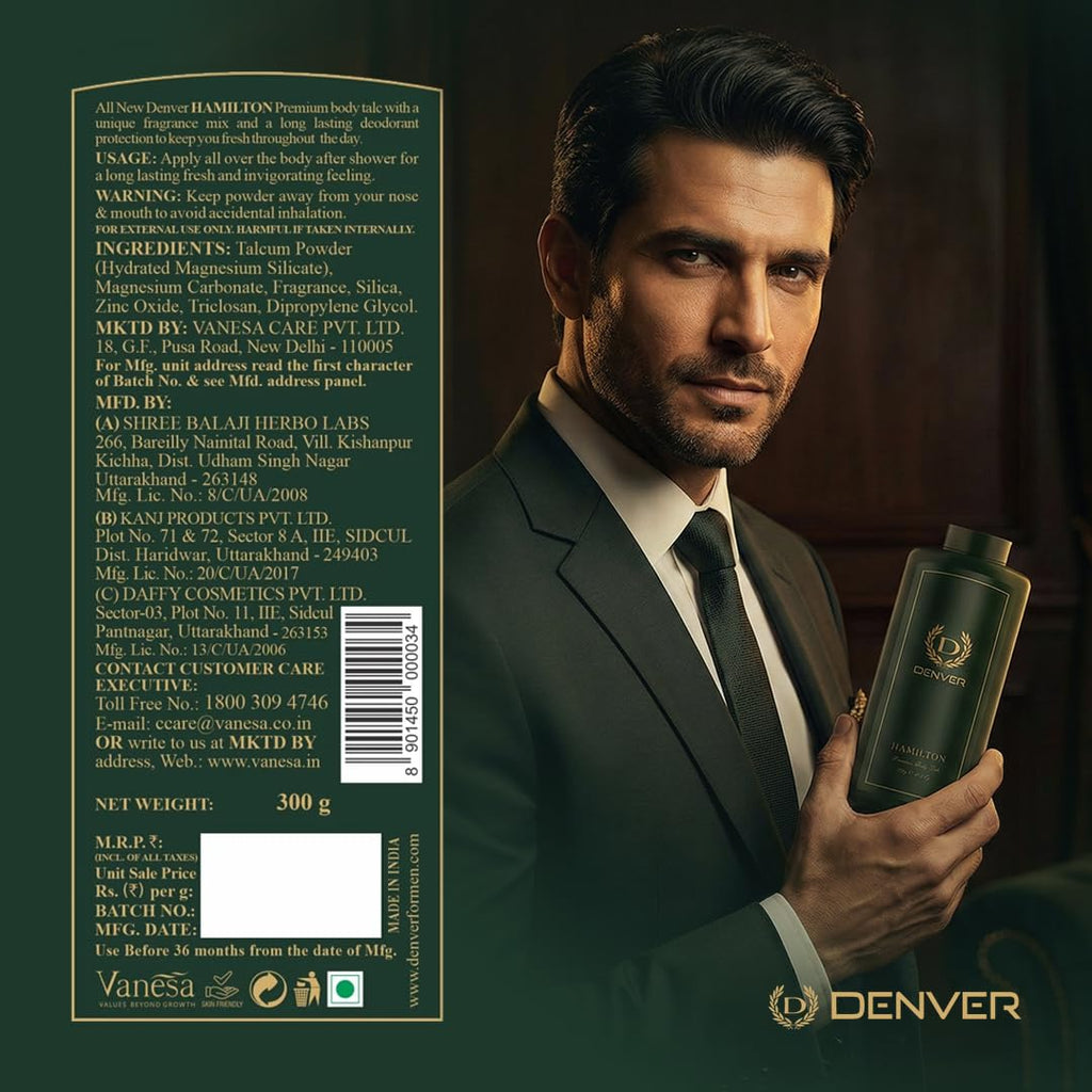 Denver Hamilton Premium Body Talcum Powder for Men – Long-Lasting Fragrance, Cooling Comfort