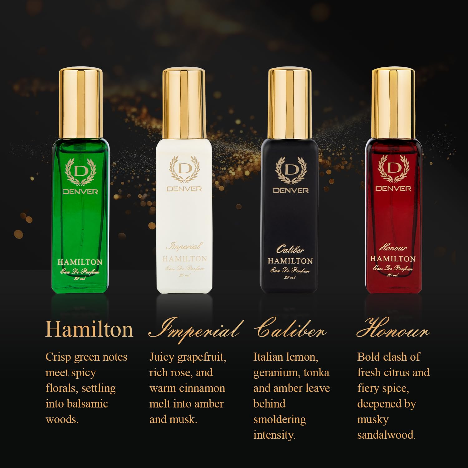 Denver Premium Gift Set for Men — 4x20ml Eau de Parfum Collection (Hamilton, Caliber, Imperial, Honour) | Long-Lasting Fragrance