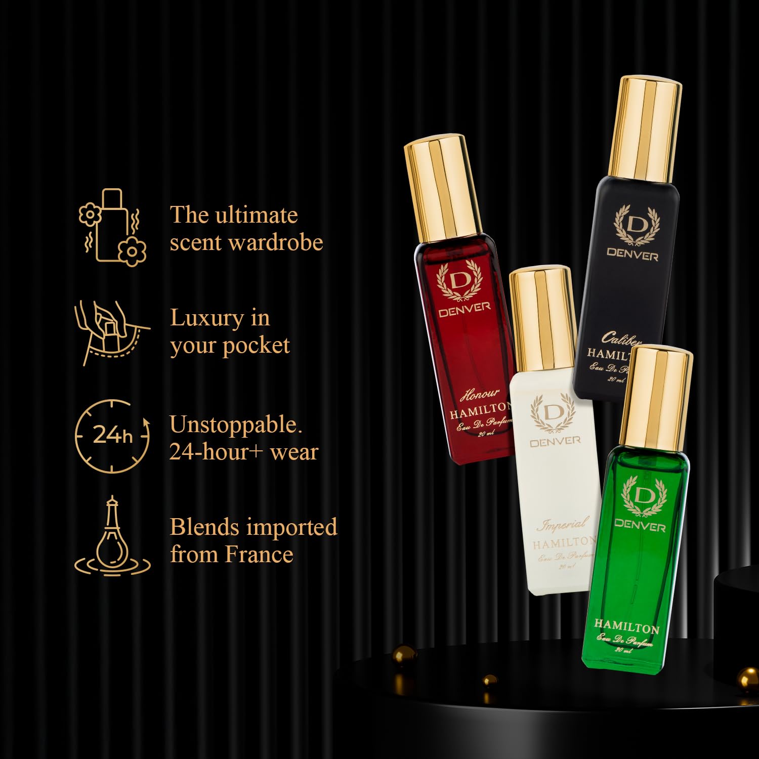 Denver Premium Gift Set for Men — 4x20ml Eau de Parfum Collection (Hamilton, Caliber, Imperial, Honour) | Long-Lasting Fragrance