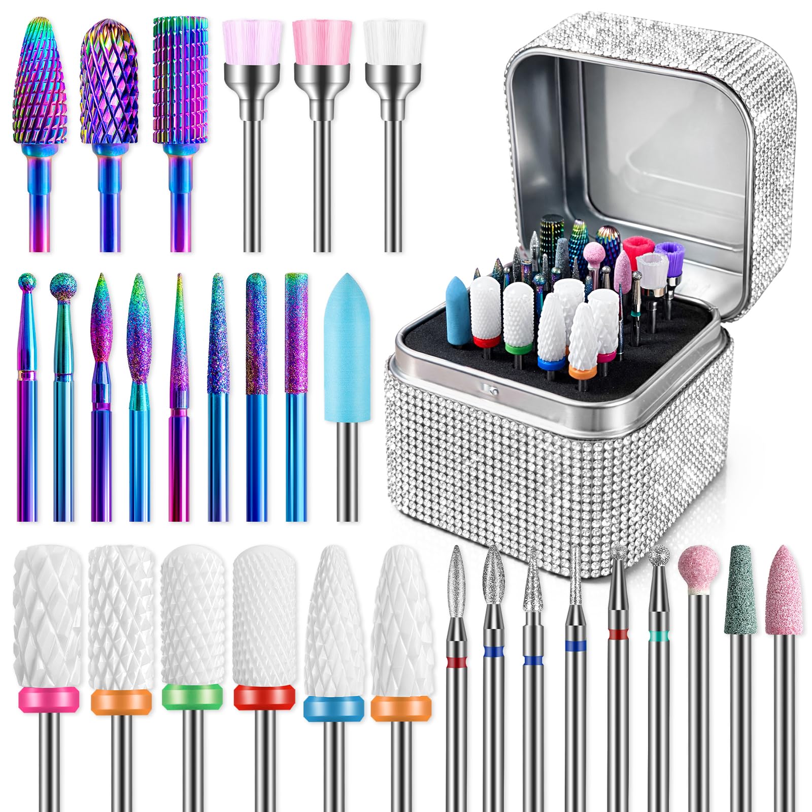 Depvko Nail Drill Bits Set - 30pc 3/32 Inch Carbide Diamond Ceramic Bits with Storage Case for Professional Manicure Pedicure