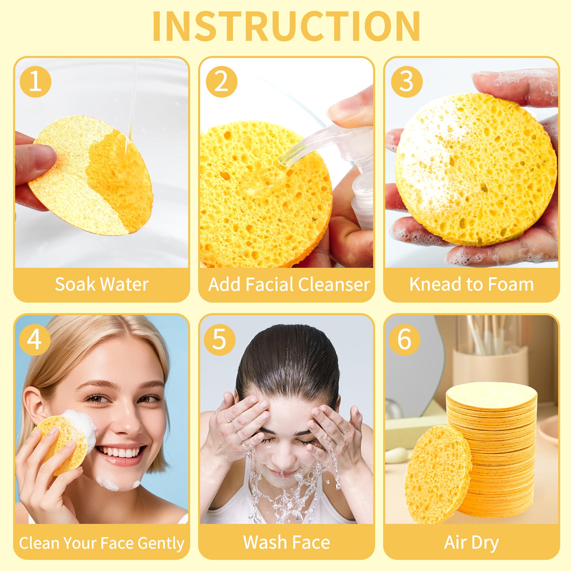 Derloyo 100-Count Compressed Facial Sponges – Natural Biodegradable Cleansing (Yellow)