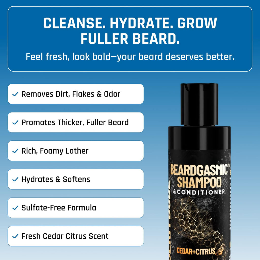Derm Dude BeardGasmic 2-in-1 Beard Shampoo & Conditioner – Sulfate-Free, Aloe Vera & Vitamin E, Cedar & Citrus, 4oz