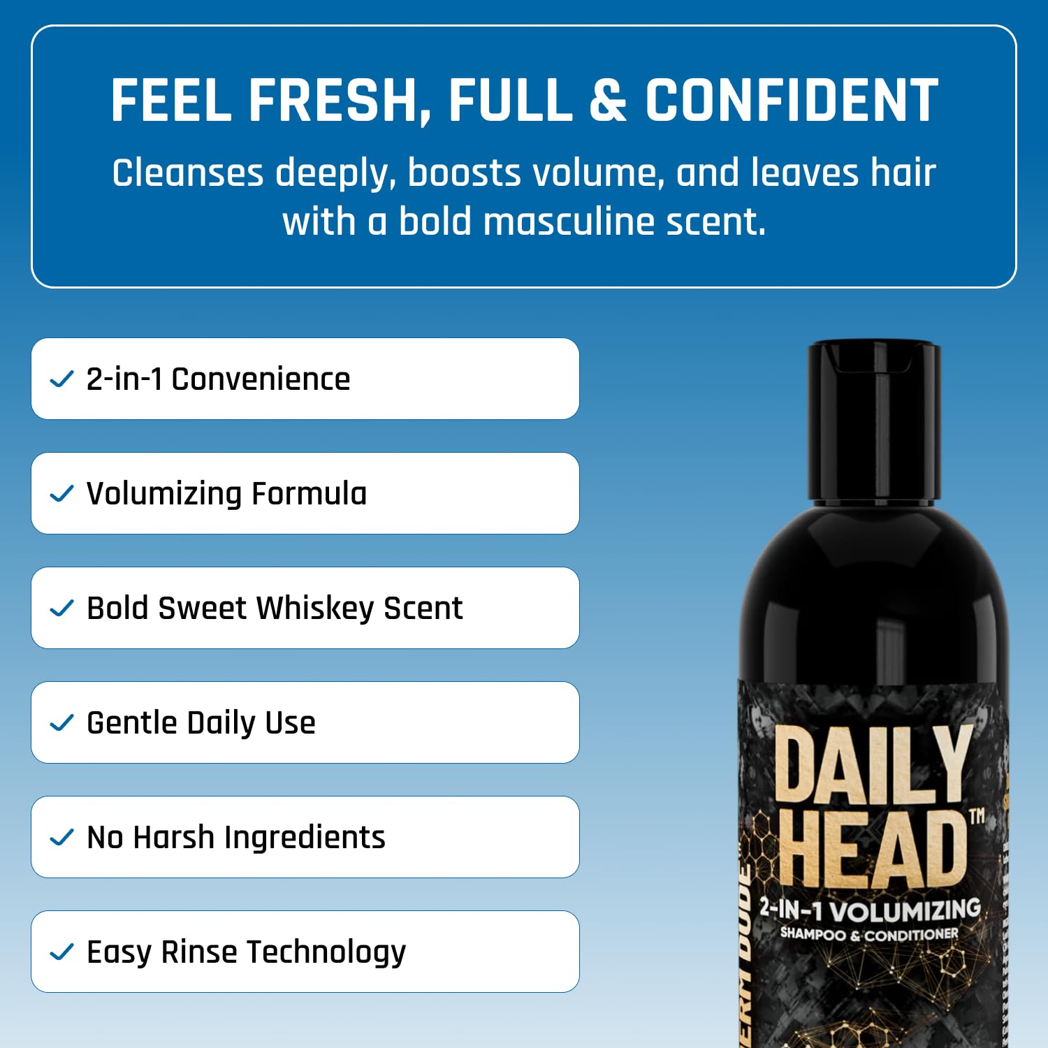 Derm Dude Daily Head 2-in-1 Volumizing Shampoo & Conditioner for Men | Biotin, Caffeine, Saw Palmetto | 8oz
