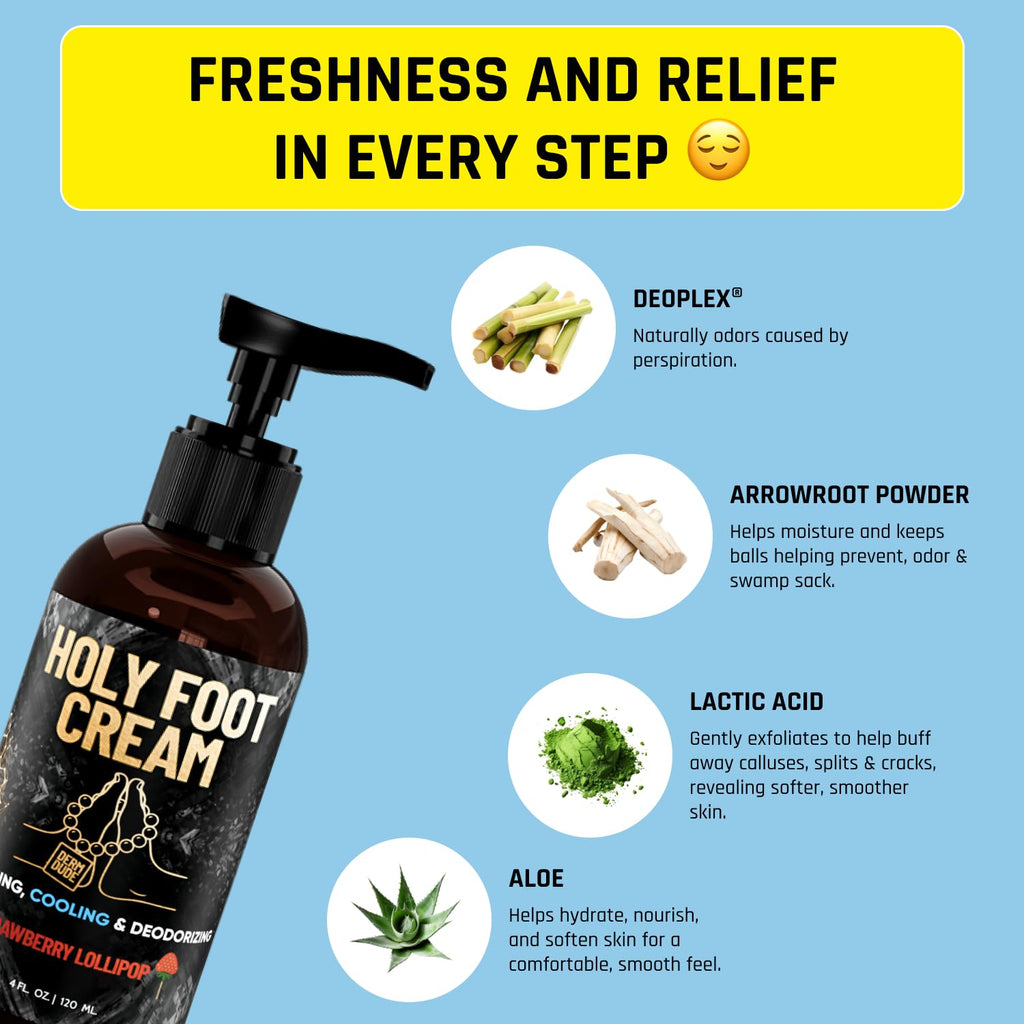 Derm Dude Holy Foot Cream | Daily Moisturizer with DeoPlex & Arrowroot | Strawberry Lollipop Scent 4oz