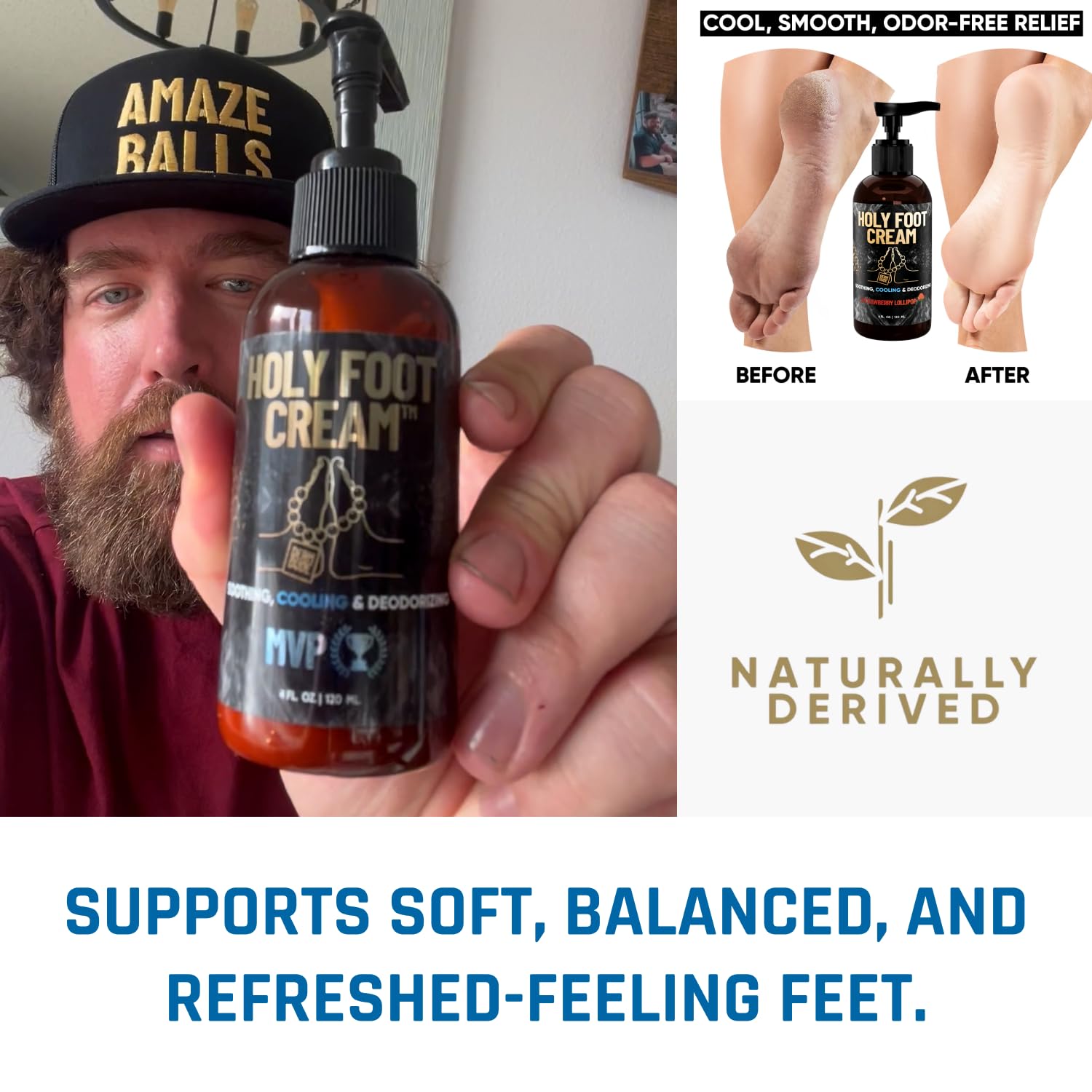 Derm Dude Holy Foot Cream | Daily Moisturizer with DeoPlex & Arrowroot | Strawberry Lollipop Scent 4oz