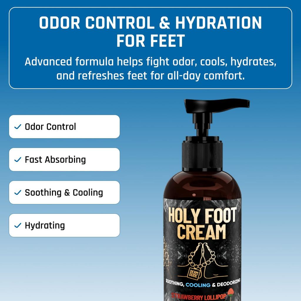 Derm Dude Holy Foot Cream | Daily Moisturizer with DeoPlex & Arrowroot | Strawberry Lollipop Scent 4oz