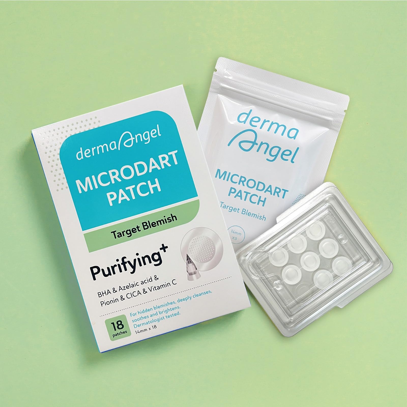DERMA ANGEL Microdart Acne Patches for Deep Blemishes – 18 Hydrocolloid Patches with Salicylic, Azelaic Acids, CICA & Vitamin C
