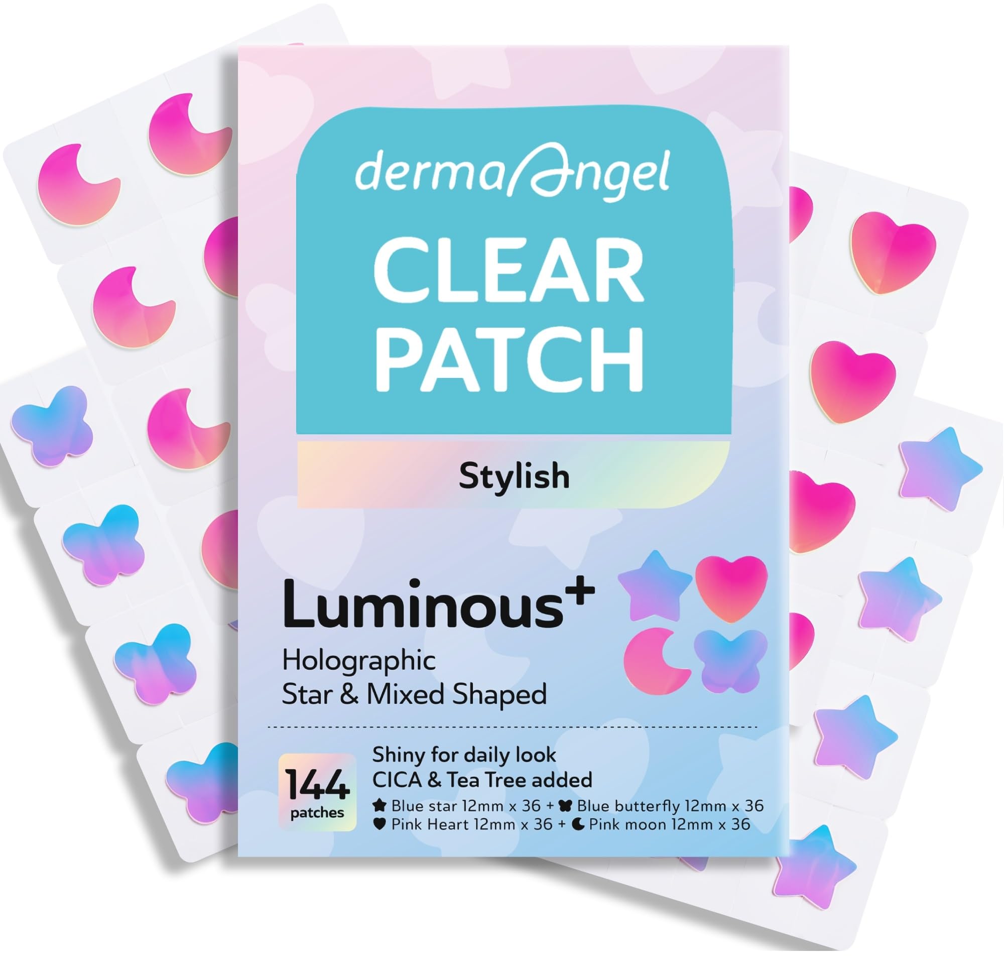 DERMA ANGEL Star Pimple Patches – 144 Absorbent Acne Patches with Salicylic Acid, CICA & Tea Tree (4 Designs)